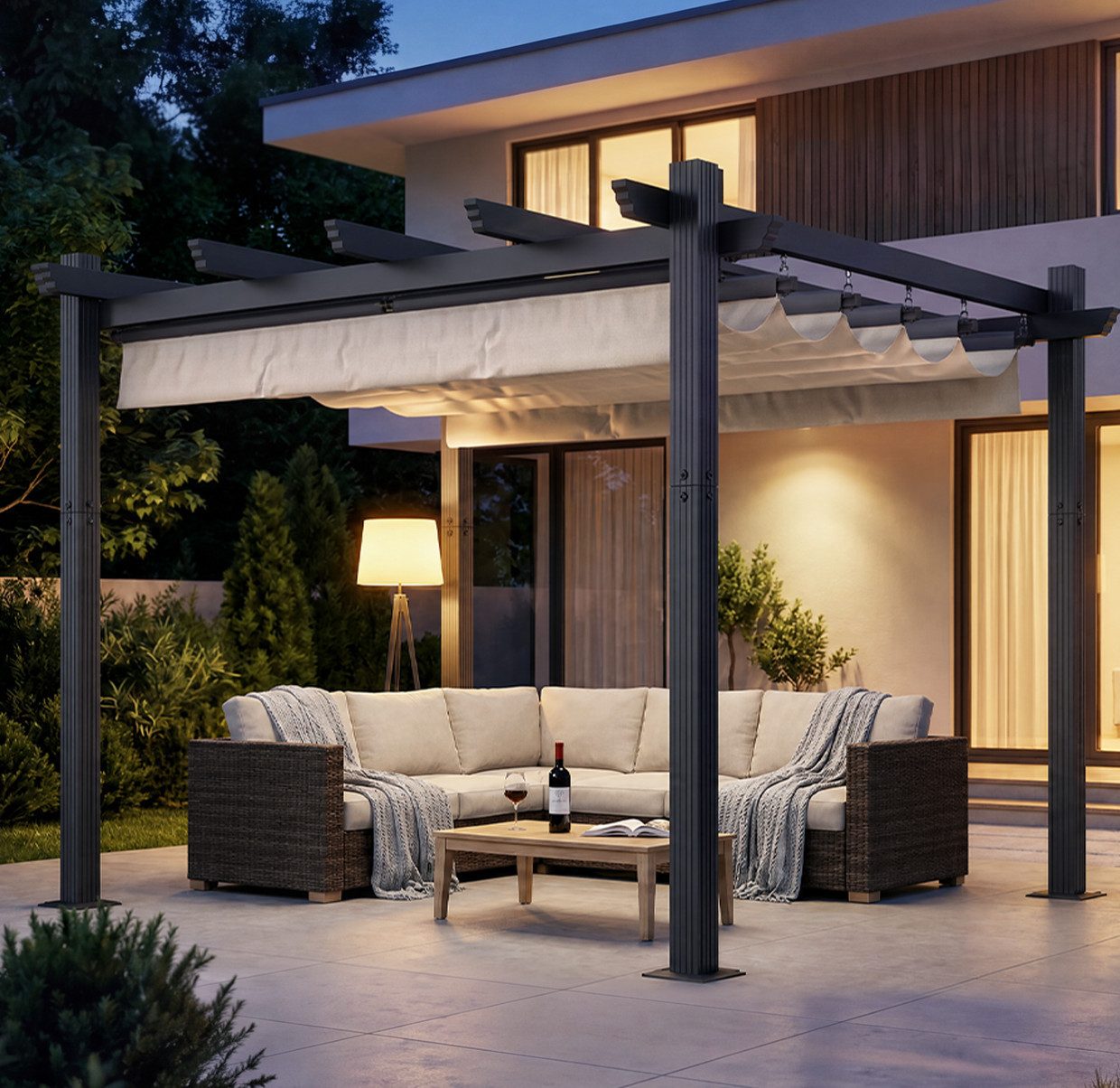 GUNJI Pergola 3x3/3x4m Terrassenüberdachung, Magnetisch Befestigte Aluminium-Pergola, (180g PA-beschichtetes Polyester, UV-geschützt, geeignet für Garten, Terrasse, Poolszenen), Magnetisch befestigbares Schiebedach