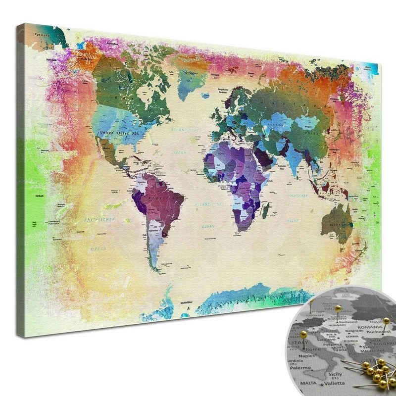 LANA KK Leinwandbild »Weltkarte Pinnwand zum markieren von Reisezielen«, deutsche Beschriftung