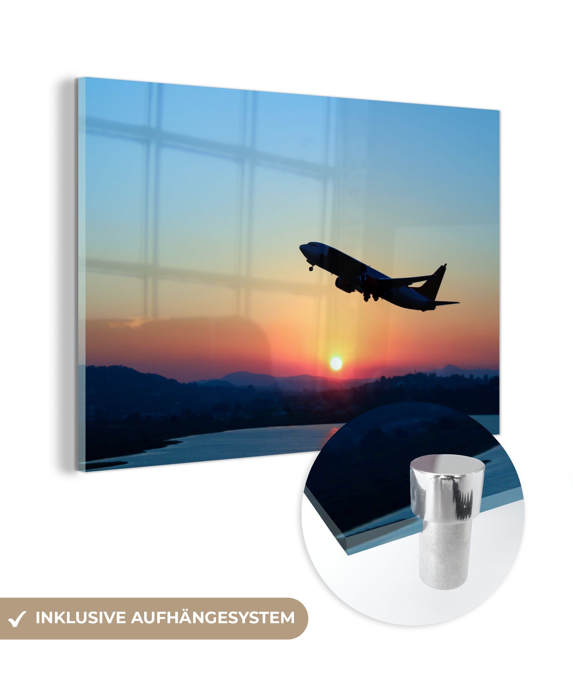 MuchoWow Acrylglasbild Start eines Flugzeugs bei Sonnenuntergang, (1 St), Acrylglasbilder Wohnzimmer & Schlafzimmer