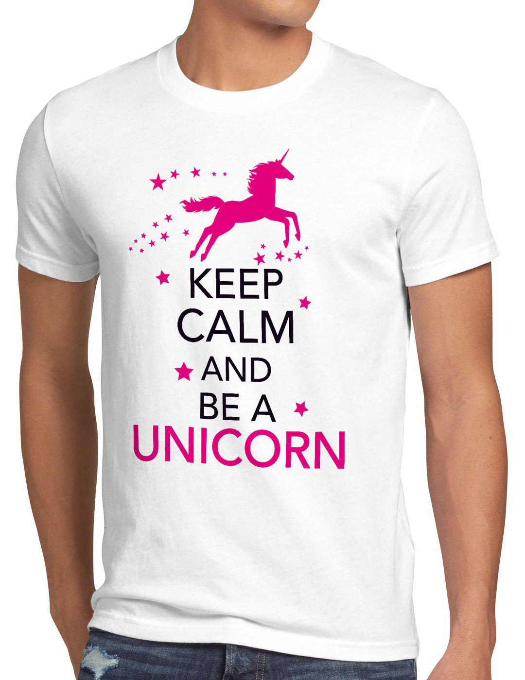 style3 Print-Shirt Herren T-Shirt Keep Calm and be a Unicorn Einhorn spruch fun funshirt pferd top weiß