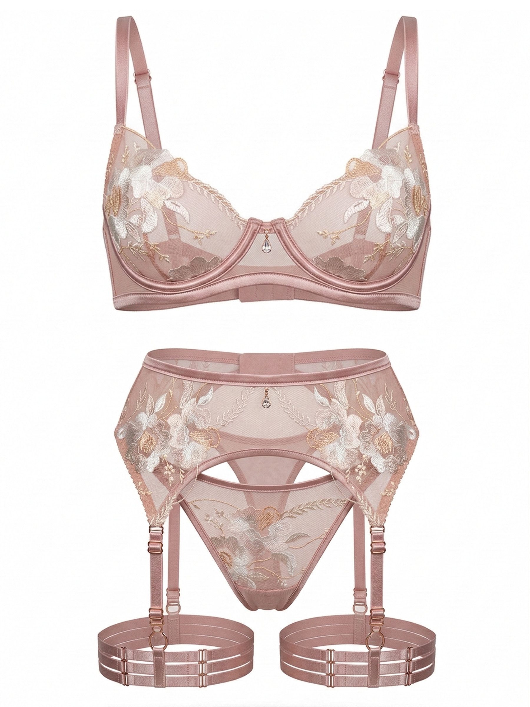 Elegant Love Set: Bügel-BH Sexy Dessous-Set, Lingerie: Damenunterwäsche-Set (Set, 4-tlg., BH + String + Strapsgürtel + Beinbänder) Reizwäsche – Straps-Set für b – Bild 2 von 5