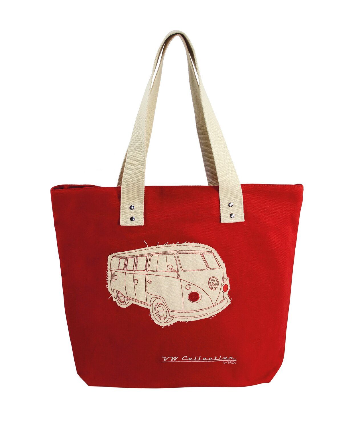 VW Collection by BRISA Einkaufsshopper Volkswagen Wiederverwendbare Canvas-Einkaufs-Tüte-Strand-Tasche, 17 l, mit T1 Bulli Bus Motive Silhouette in Rot