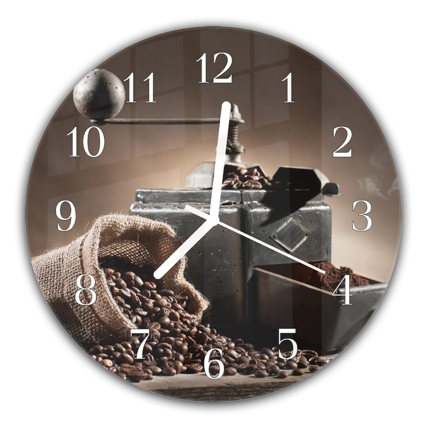 aus Wanduhr 30 mit Glas Durchmesser Kaffeemühle Sack Quarzuhrwerk Primedeco Rund und im mit cm mit - Kaffe Motiv Wanduhr