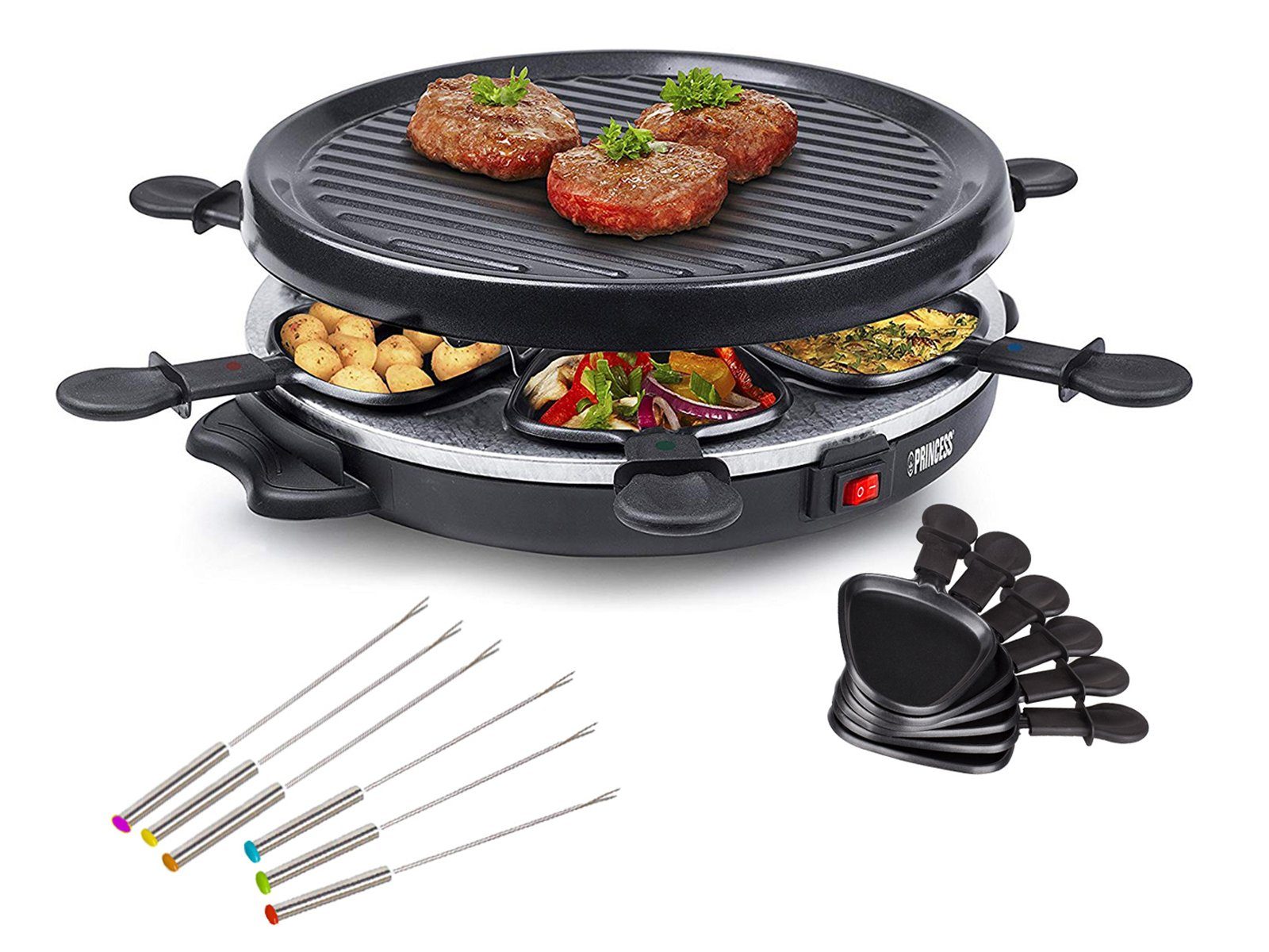 PRINCESS Raclette, 6 Raclettepfännchen, Gerät für 2-6 Personen runder Tischgrill Ø30cm Raclet Camping geeignet