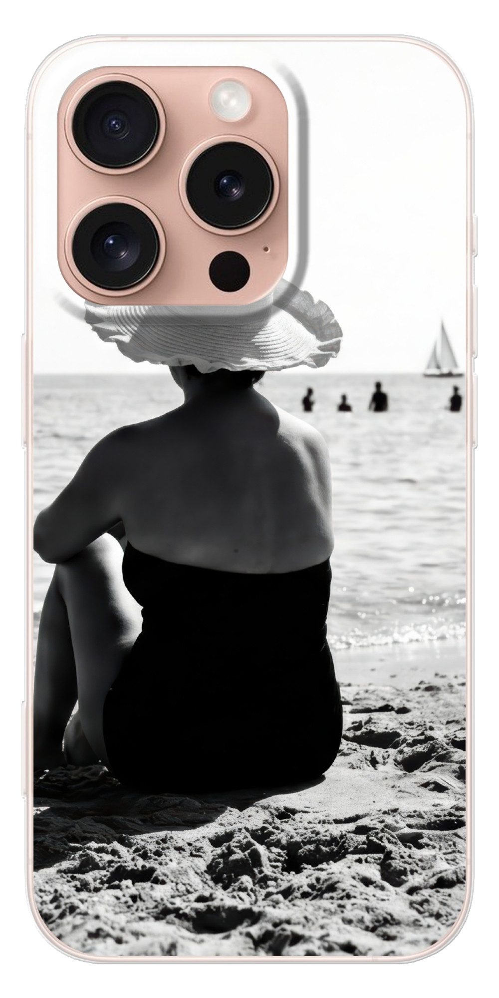 MuchoWow Handyhülle für Apple iPhone 16 Pro Frauen - Sonnenhut - Strand - Schwarz - Weiß, Smartphone-Bumper, Print, Handy Schutzhülle Dünn