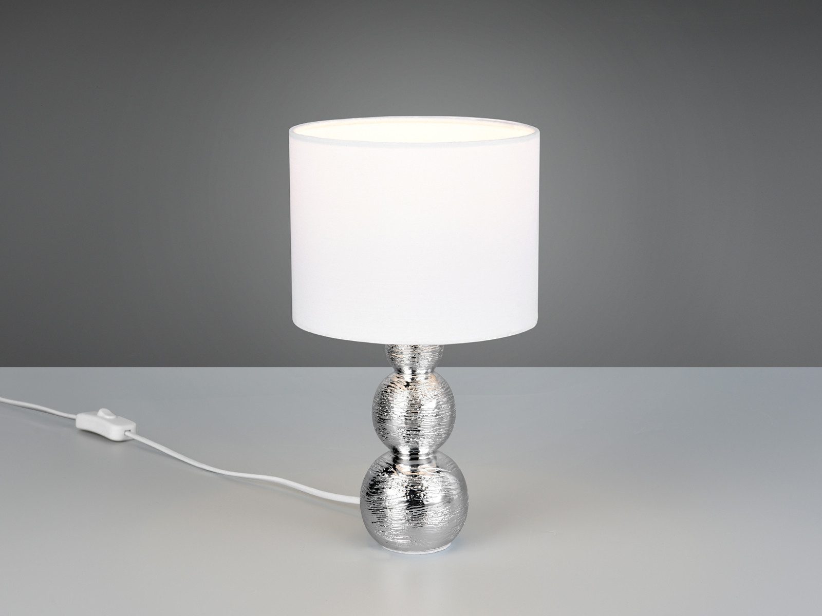 Reality Leuchten LED Nachttischlampe aus Keramik mit Stoffschirm Weiß H: 29cm, Dimmfunktion, LED wechselbar, warmweiß, Tischlampe Design-klassiker Lampenschirm Stoff & Lampenfuß Silber