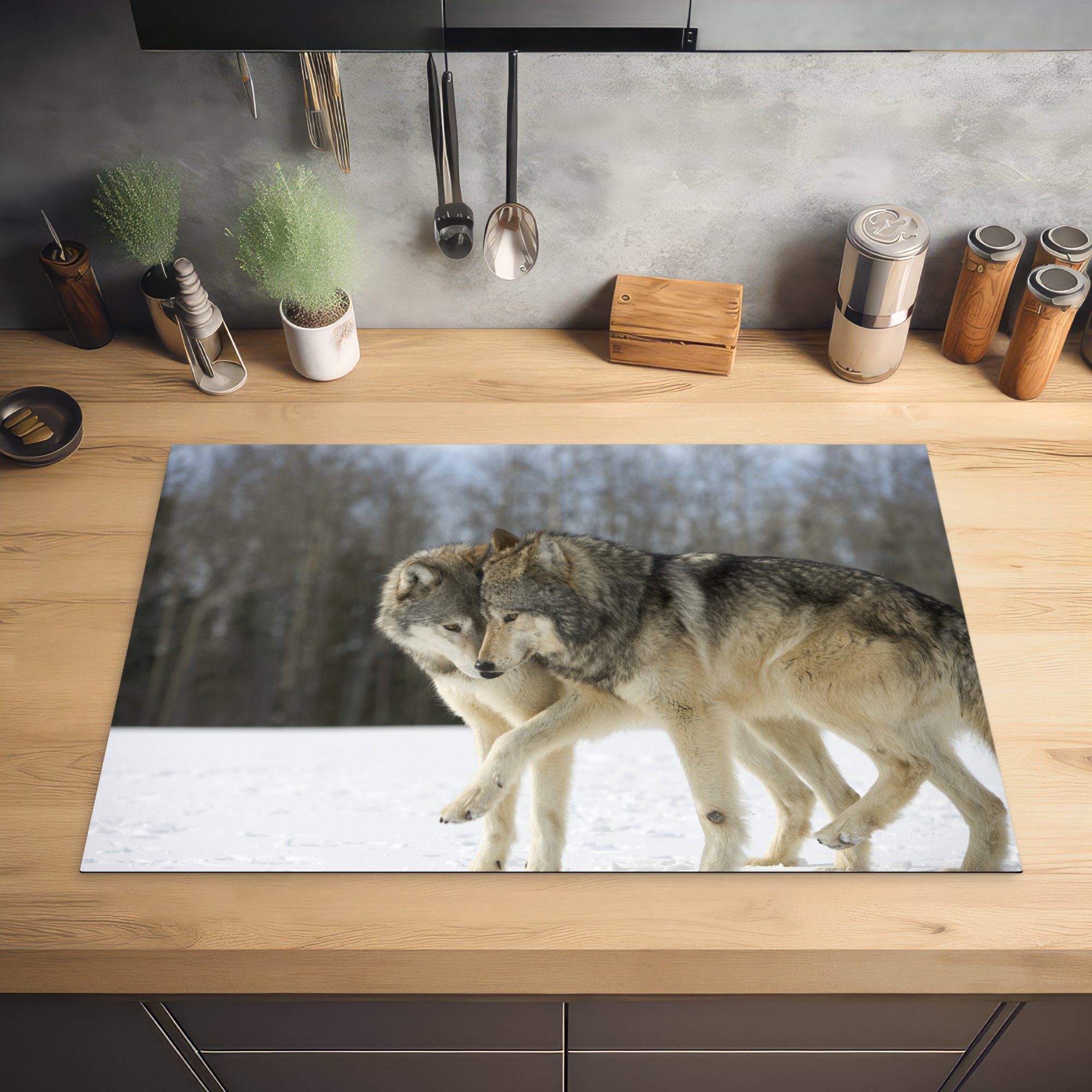 Wolf Herdblende-/Abdeckplatte für (1 die Mantel, - 81x52 Schnee - Schutz Induktionskochfeld Ceranfeldabdeckung cm, tlg), Vinyl, MuchoWow küche,