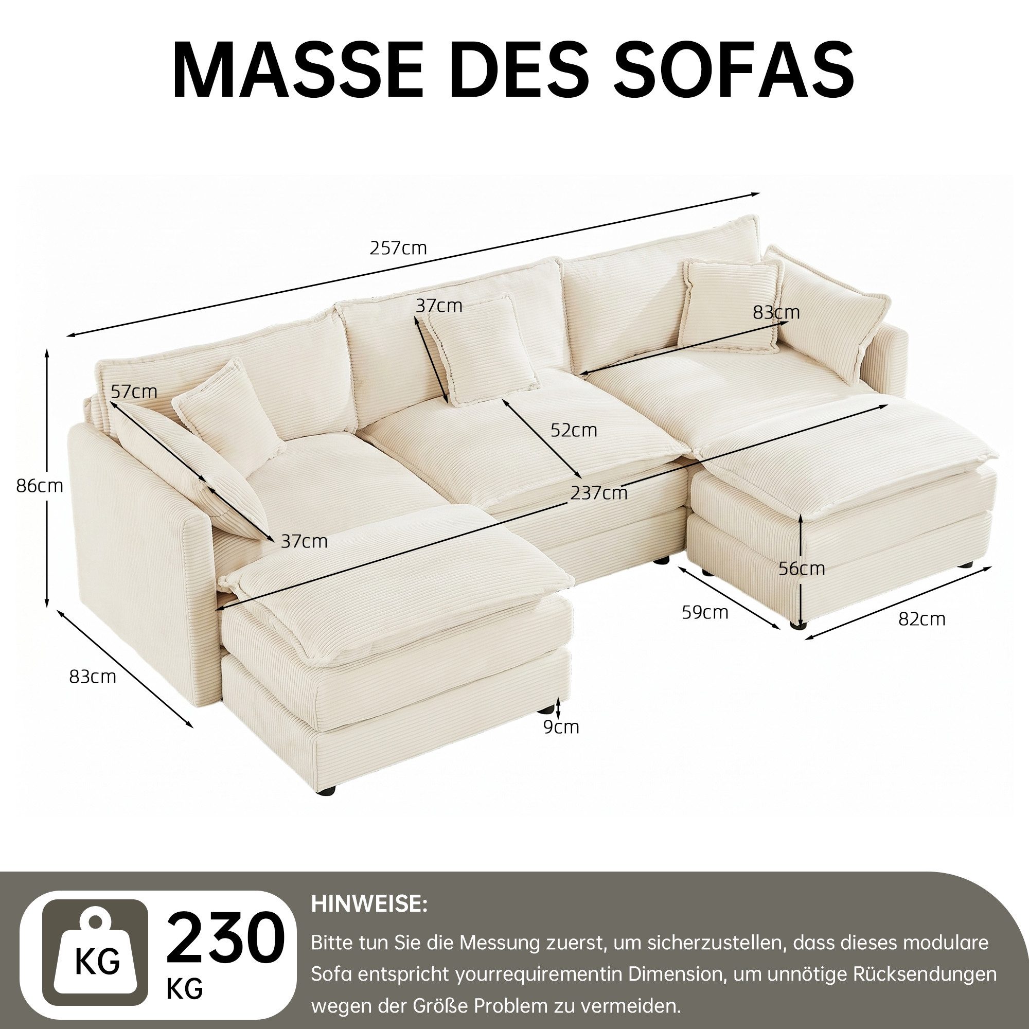 Jiexi Wohnlandschaft Modulares Sofa Kord Ecksofa Wohnlandschaft flexibel L- & U-Form