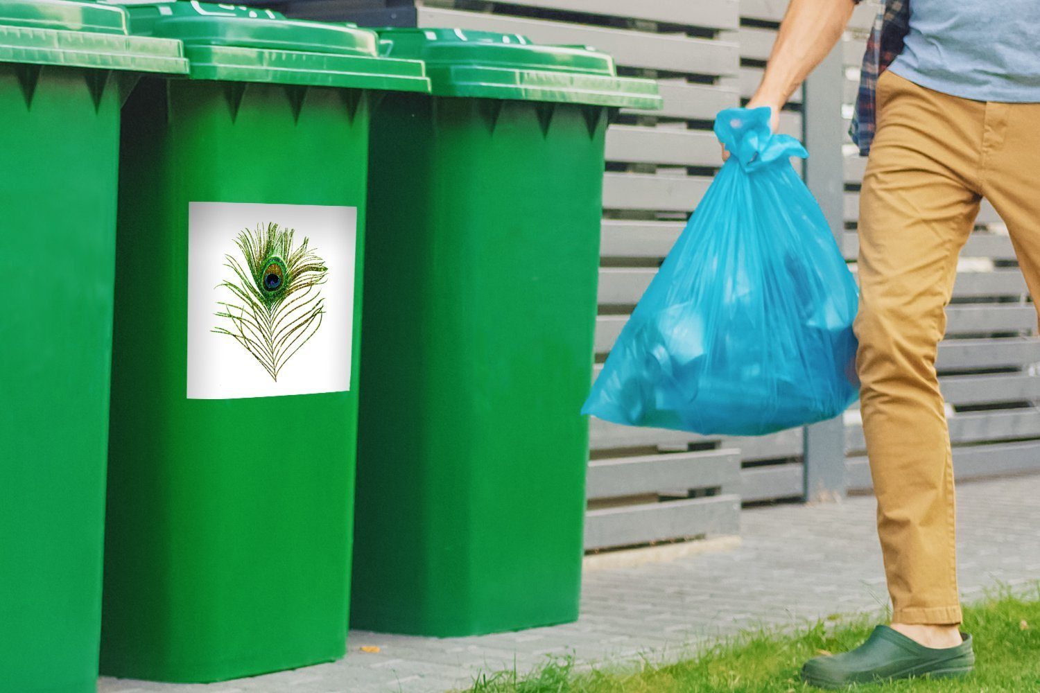 Abfalbehälter Grün Container, St), Augen Mülleimer-aufkleber, - - (1 Pfauenfedern Mülltonne, MuchoWow Sticker, Wandsticker