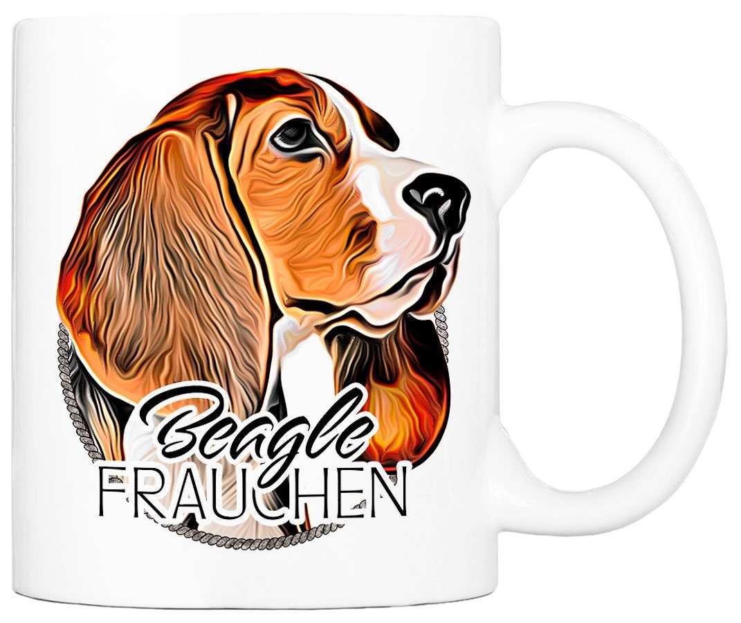 Cadouri Tasse BEAGLE FRAUCHEN - Kaffeetasse für Hundefreunde, Keramik, mit Hunderasse, beidseitig bedruckt, handgefertigt, Geschenk, 330 ml