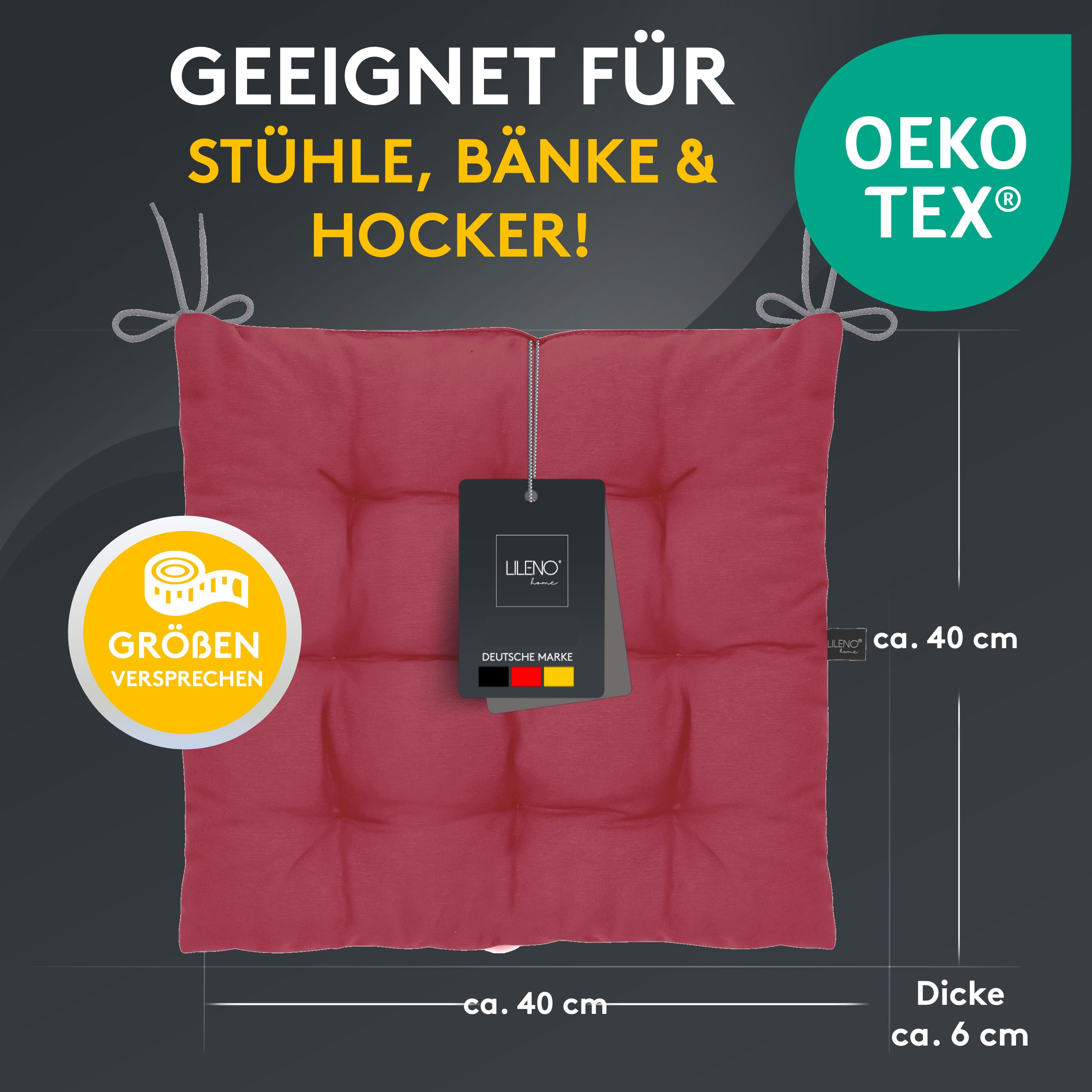 LILENO HOME Stuhlkissen Sitzkissen für Gartenstuhl, Küchenstuhl oder Esszimmerstuhl 40x40x6 cm, Bequeme Indoor u. Outdoor Stuhlauflage als Stuhl Kissen Weinrot
