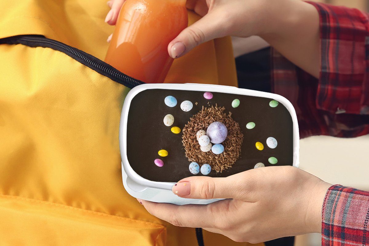 Ostereier Brotdose, Mädchen Ostern, Regenbogen weiß - Jungs MuchoWow und für Kinder und (2-tlg), - Brotbox Lunchbox für Erwachsene, Kunststoff,
