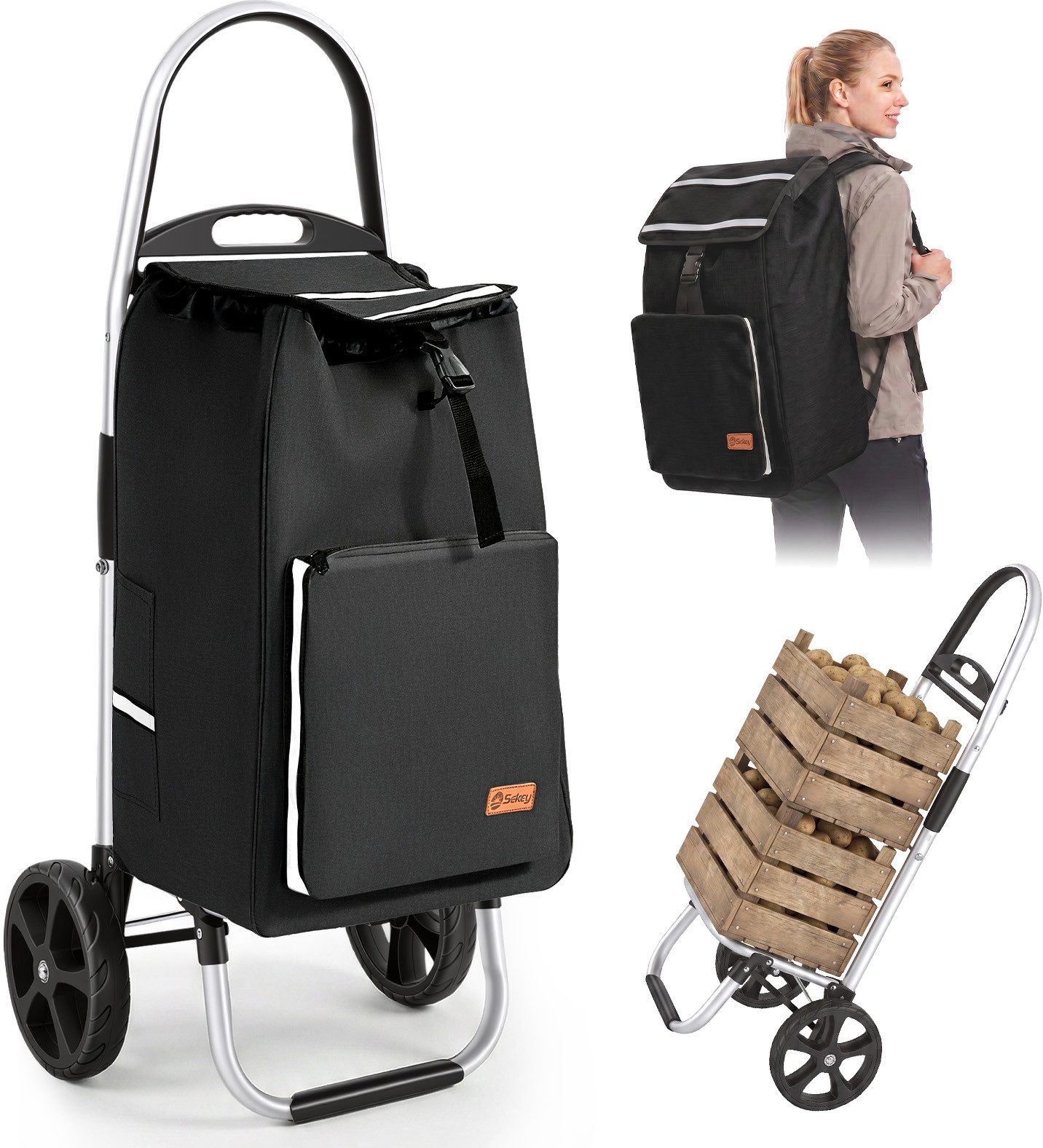 Sekey Einkaufstrolley 4-in-1 Einkaufstrolley Klappbar Einkaufswagen mit Rucksack, Kühltasche, 60 l, 60 l, Klappbarer Transportwagen, Handwagen mit großen Rädern