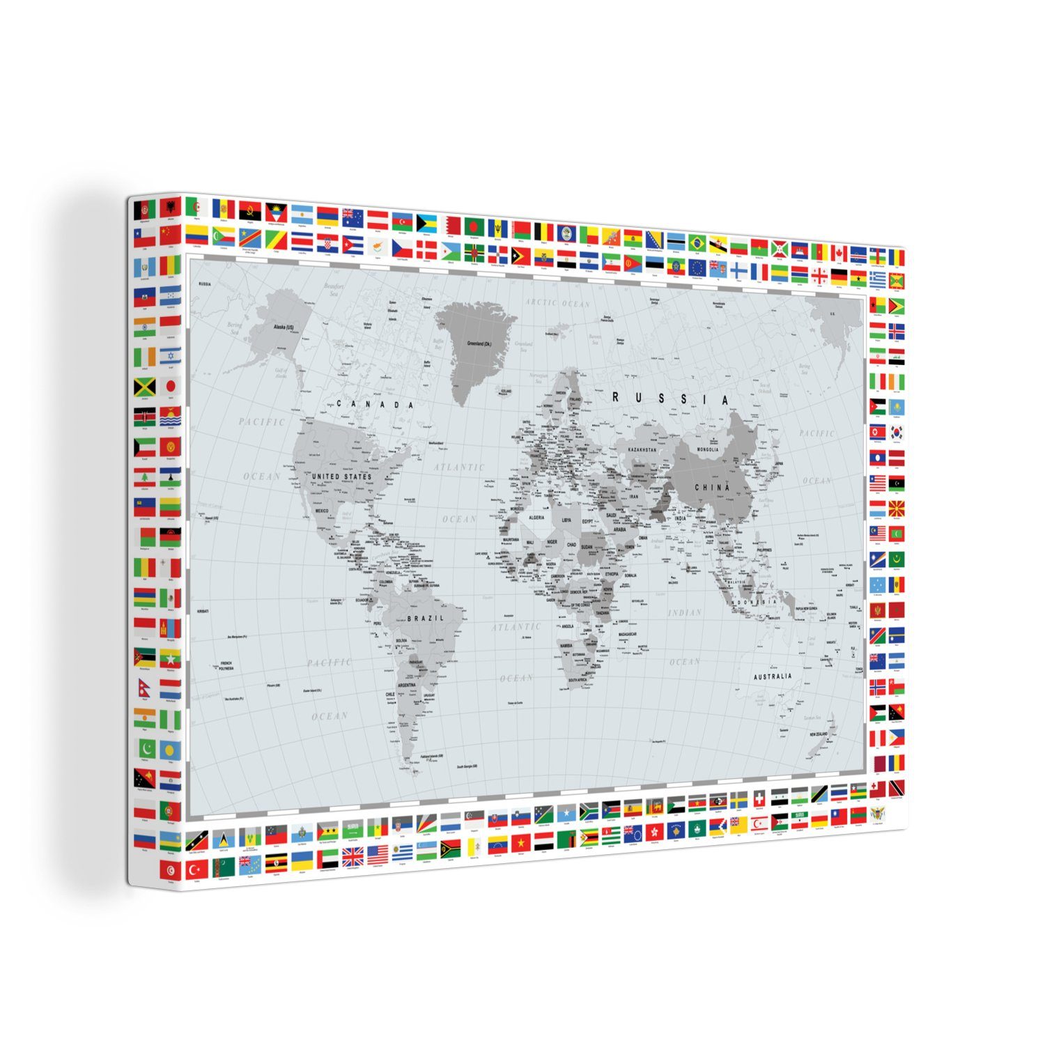 OneMillionCanvasses® Wanddeko, Aufhängefertig, Flagge (1 Weiß, St), cm - Leinwandbild Wandbild Leinwandbilder, Schwarz Weltkarte - - 30x20
