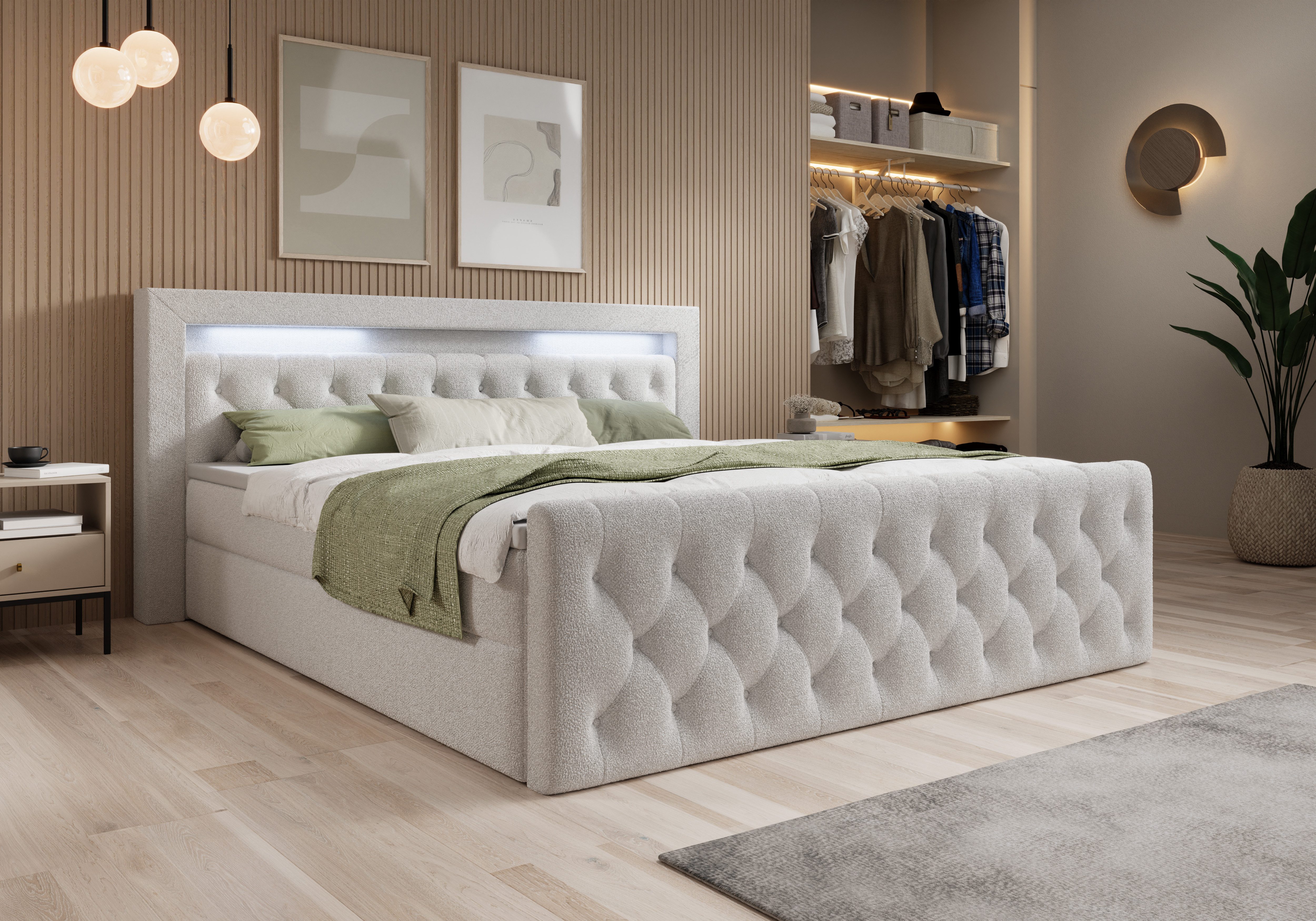 thematys Boxbett LED mit Bettkasten 140x200–200x200 cm – Velours oder Bouclé Bezug – (Polsterbett Bonnellfederkern Matratze H3 + Gratis 3cm Topper, Boxbett - Luxus Doppelbett mit Stauraum und LED)