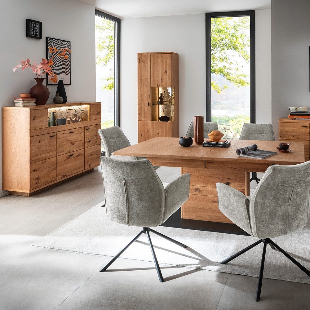 Lomadox Esszimmer-Set VELJE-05, (Spar-Set, 3-St., Esstisch Highboard Vitrine), Ausziehtisch 180/230cm, Eiche teilmassiv mit LED-Beleuchtung