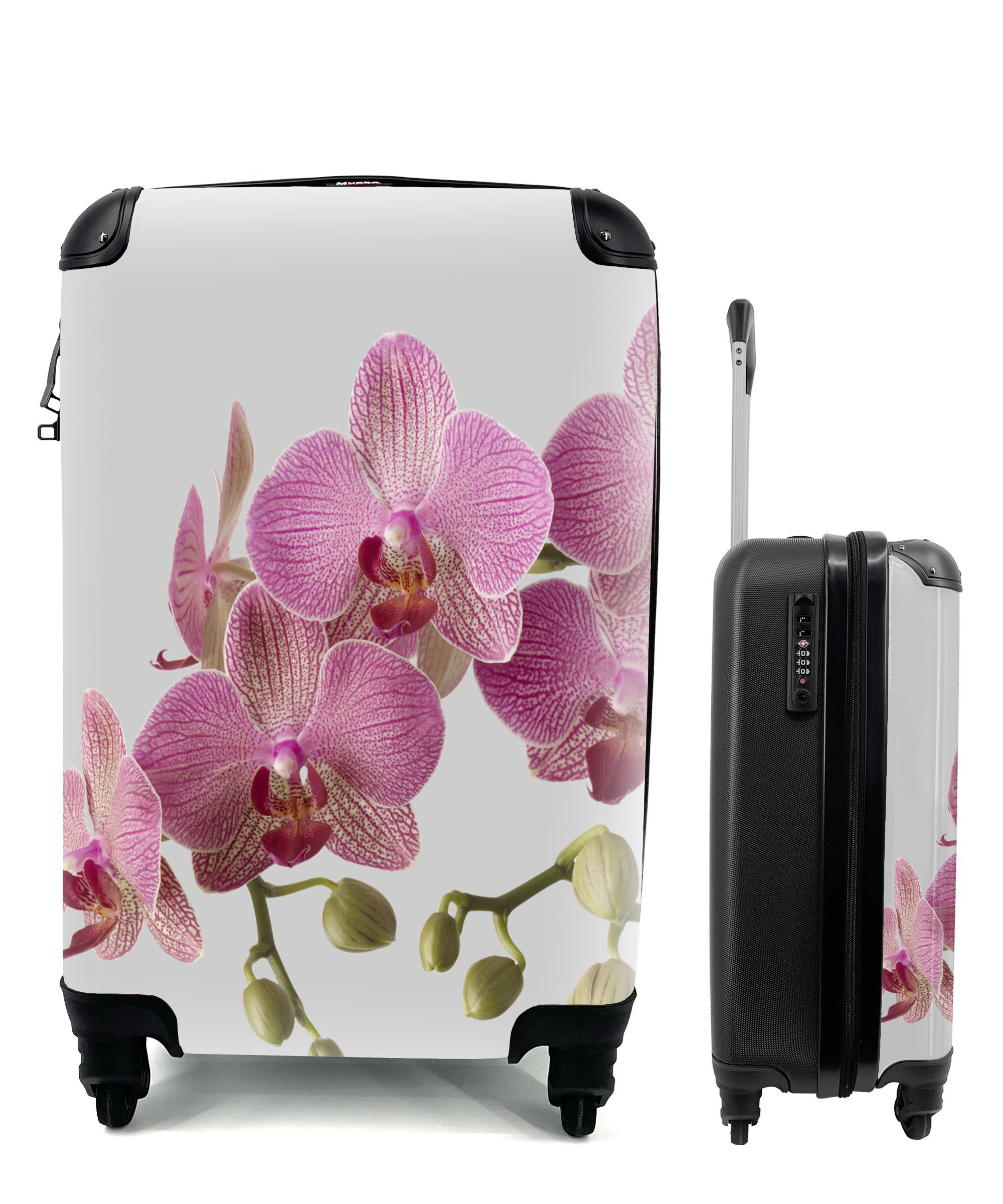 MuchoWow Handgepäckkoffer Orchideen auf grauem Hintergrund, 4 Rollen, Reisetasche mit rollen, Handgepäck für Ferien, Trolley, Reisekoffer