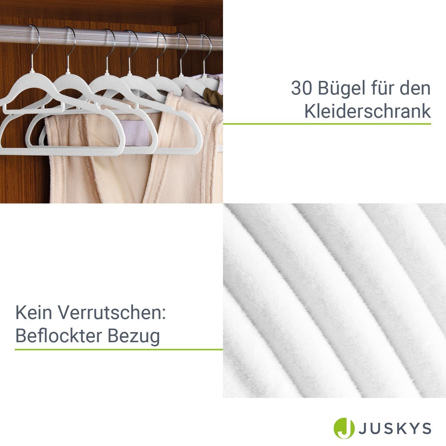 Juskys Kleiderbügel, (30-tlg), Set, Bügel, schmale Weiß rutschfest, Kleiderhaken Samt drehbar