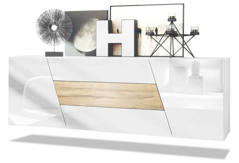 Vladon Sideboard Houston (hängende Kommode, mit 2 Türen und 3 Schubladen), Weiß matt/Weiß Hochglanz/Eiche Natur (178 x 57,5 x 38,5 cm)