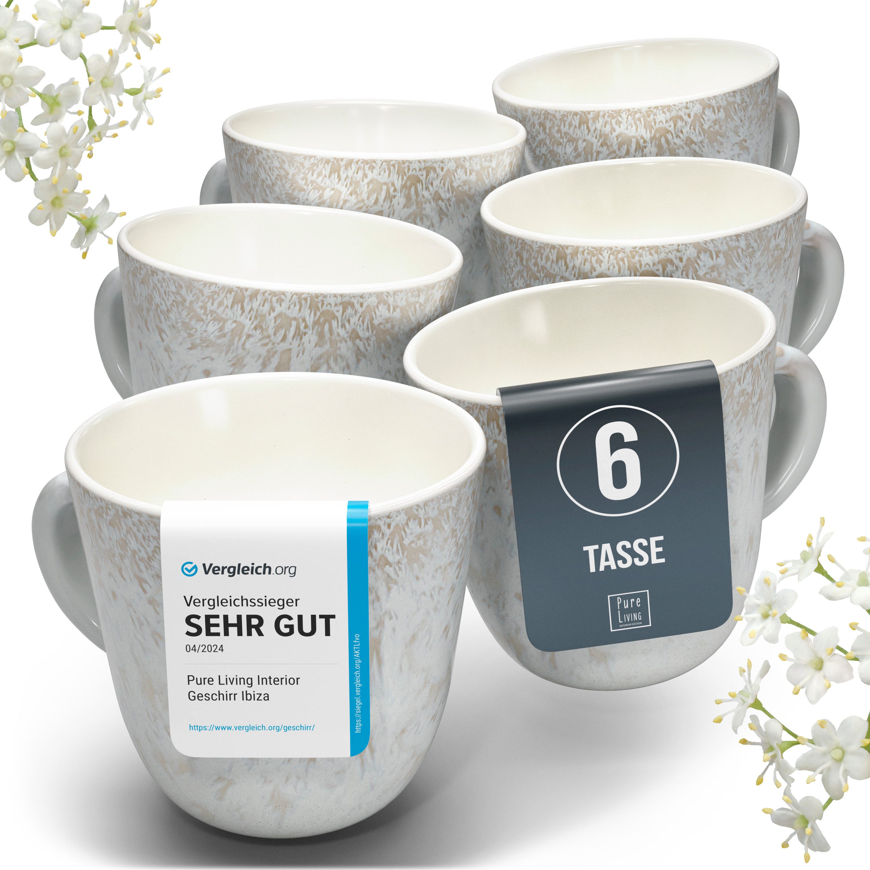 PURE LIVING INTERIOR DESIGN Geschirr-Set Ibiza Becher, 6er-Set, 435 ml, Beige, Steingut (6-tlg), 6 Personen, Steingut