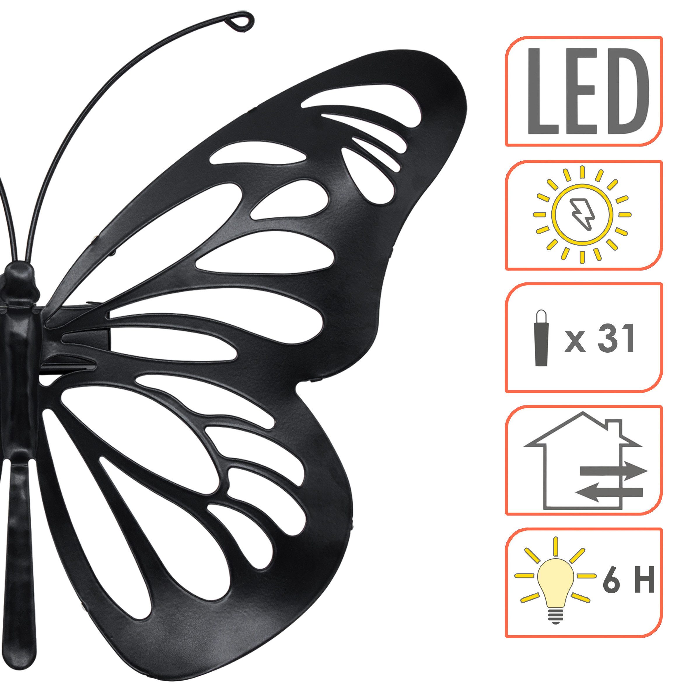 Spetebo LED Dekofigur Solar Wandbild Schmetterling schwarz mit 31 LED, Dämmerungssensor, LED fest integriert, warm weiß, solarbetrieben