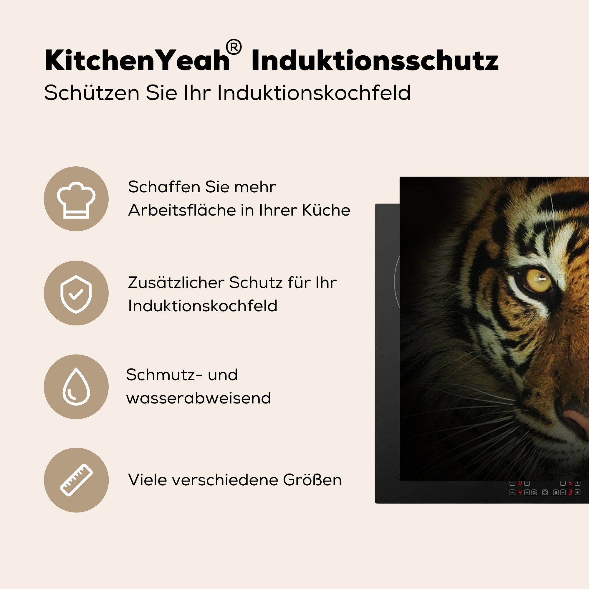 MuchoWow cm, - Herdblende-/Abdeckplatte (1 - küche, für Induktionskochfeld tlg), Schutz Vinyl, die Tiger Licht Augen, Ceranfeldabdeckung 71x52