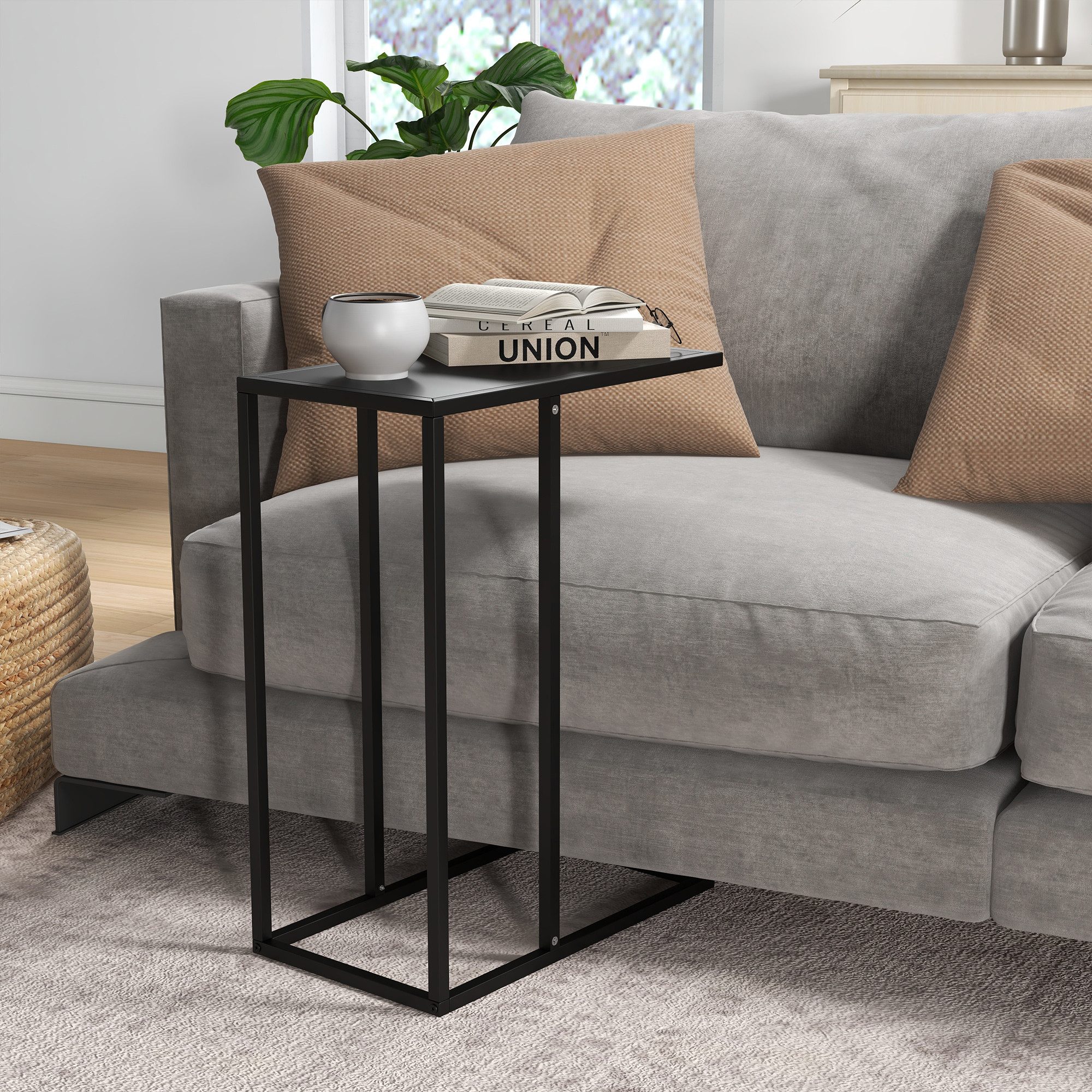 HOMCOM Beistelltisch Couchtisch, Sofatisch, Nachttisch mit Stahlgestell, Laptoptisch (Wohnzimmertisch, 1-St., Couchtisch), Schwarz, 46 x 26 x 60 cm