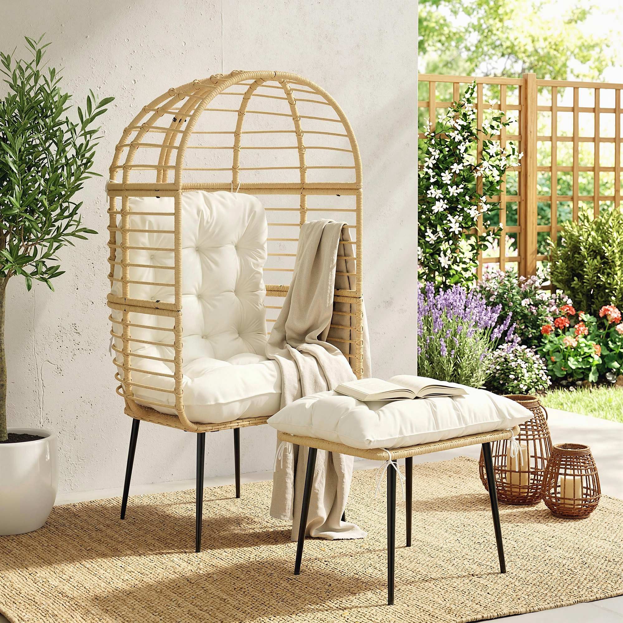 Outsunny Rattanstuhl mit langen & dicken Kissen, Metallrahmen (Gartensessel, 2 St), für Wohnzimmer Garten Balkon Terrasse Beige