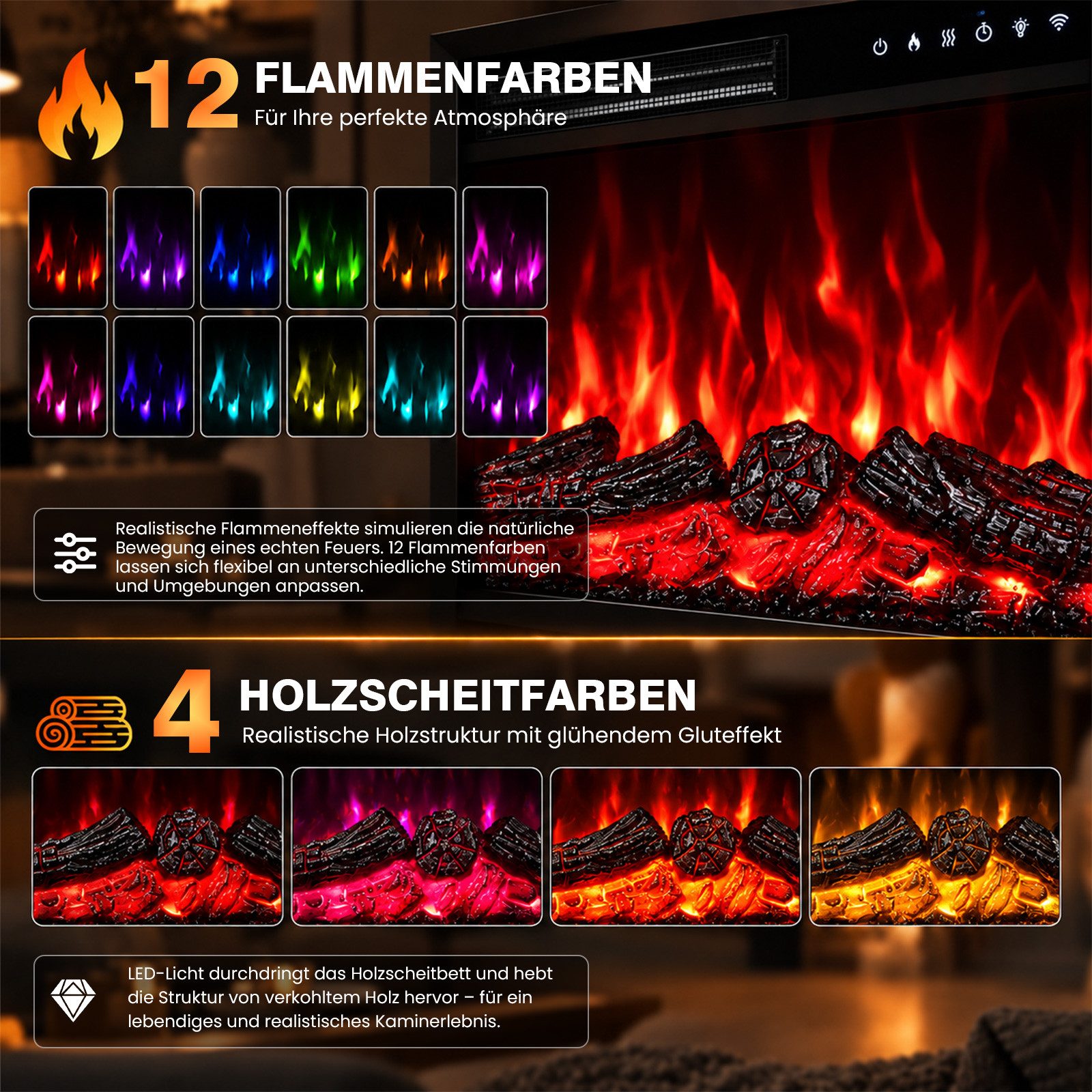 HOMAVO Elektrokamin mit Schrank, 23", 1000/2000W Heizung, 3D-Flammeneffekt, Schrankgröße: 100 × 26 × 87 cm, LED-Leiste, Fernbedienung – Bild 3 von 5