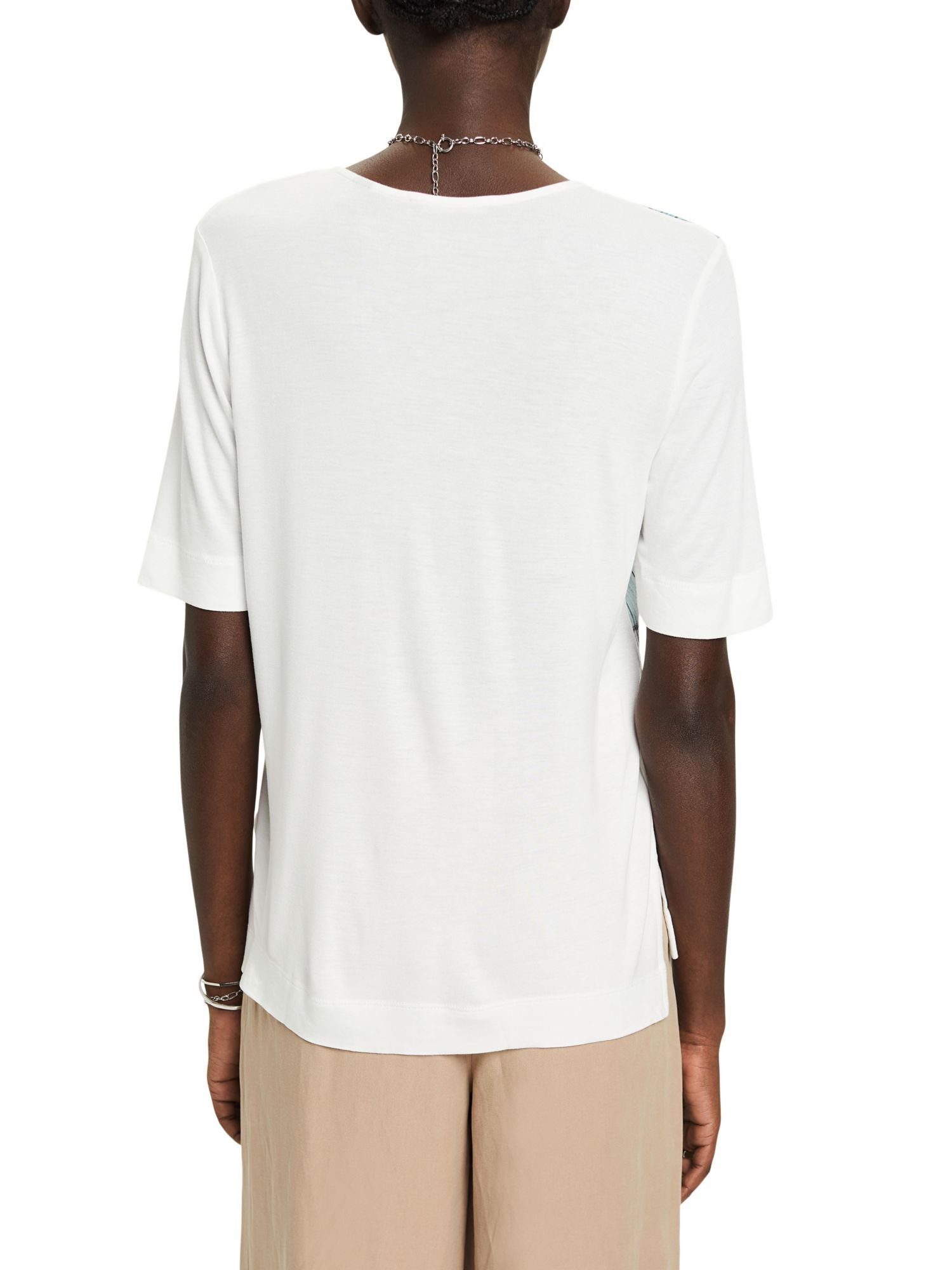 Viskose Esprit OFF (1-tlg) Metallic-Print T-Shirt mit V-T-Shirt aus Collection WHITE