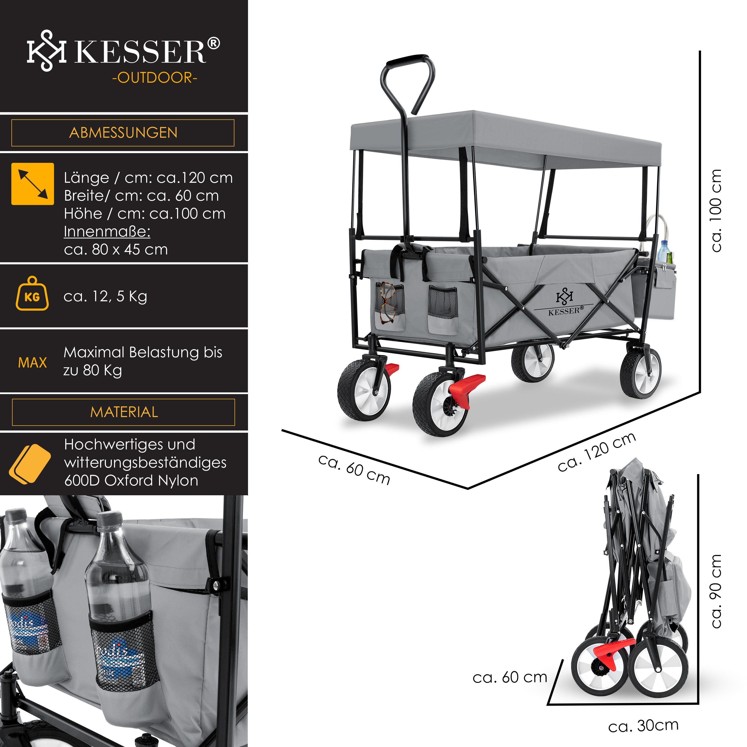 faltbar Geräte Dach Handwagen Bollerwagen, Bollerwagen Transportkarre KESSER mit grau