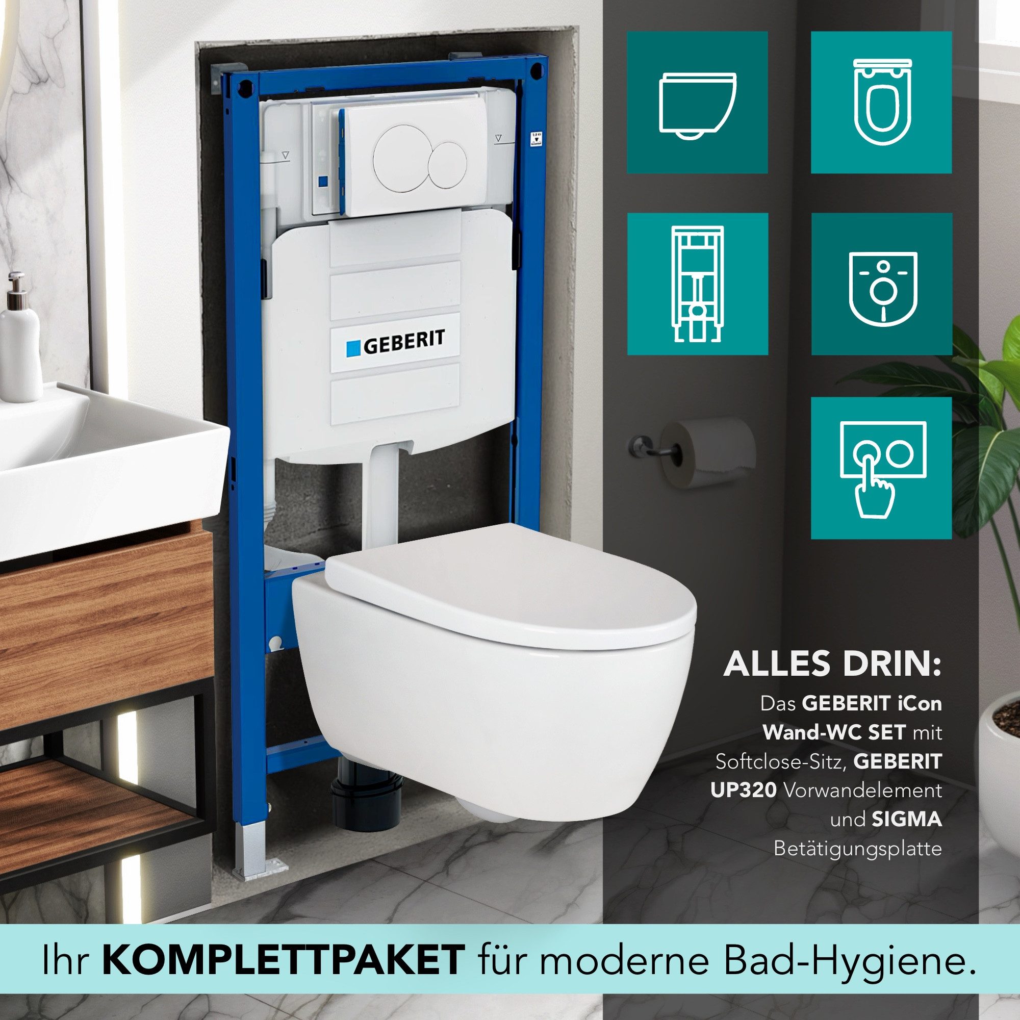 GEBERIT WC-Komplettset mit Duroplast Sitz, Betätigungsplatte, Rimfree WC & Schallschutz, wandmontage, Vorwandelement UP320, mit QuickRelease & EasyMount