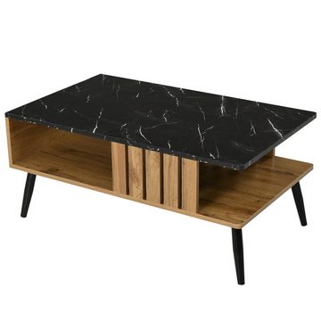 Sweiko Couchtisch, Sofatisch mit Holzlattendekor, Marmoroptik, 90*54*40cm