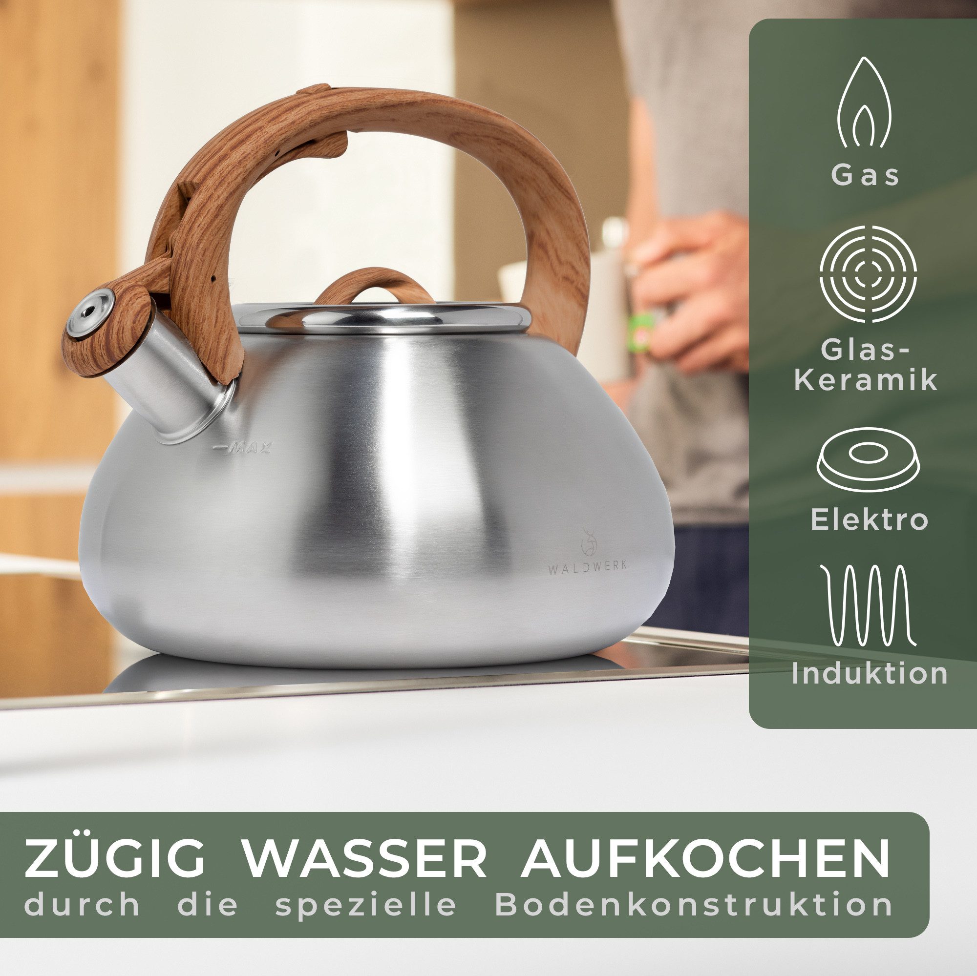 Waldwerk Wasserkessel (2,3L) - Für Induktion und Gasherd - Edelstahl & Kunststoff, Edelstahl, Teekessel - Flötenkessel mit Pfeifton
