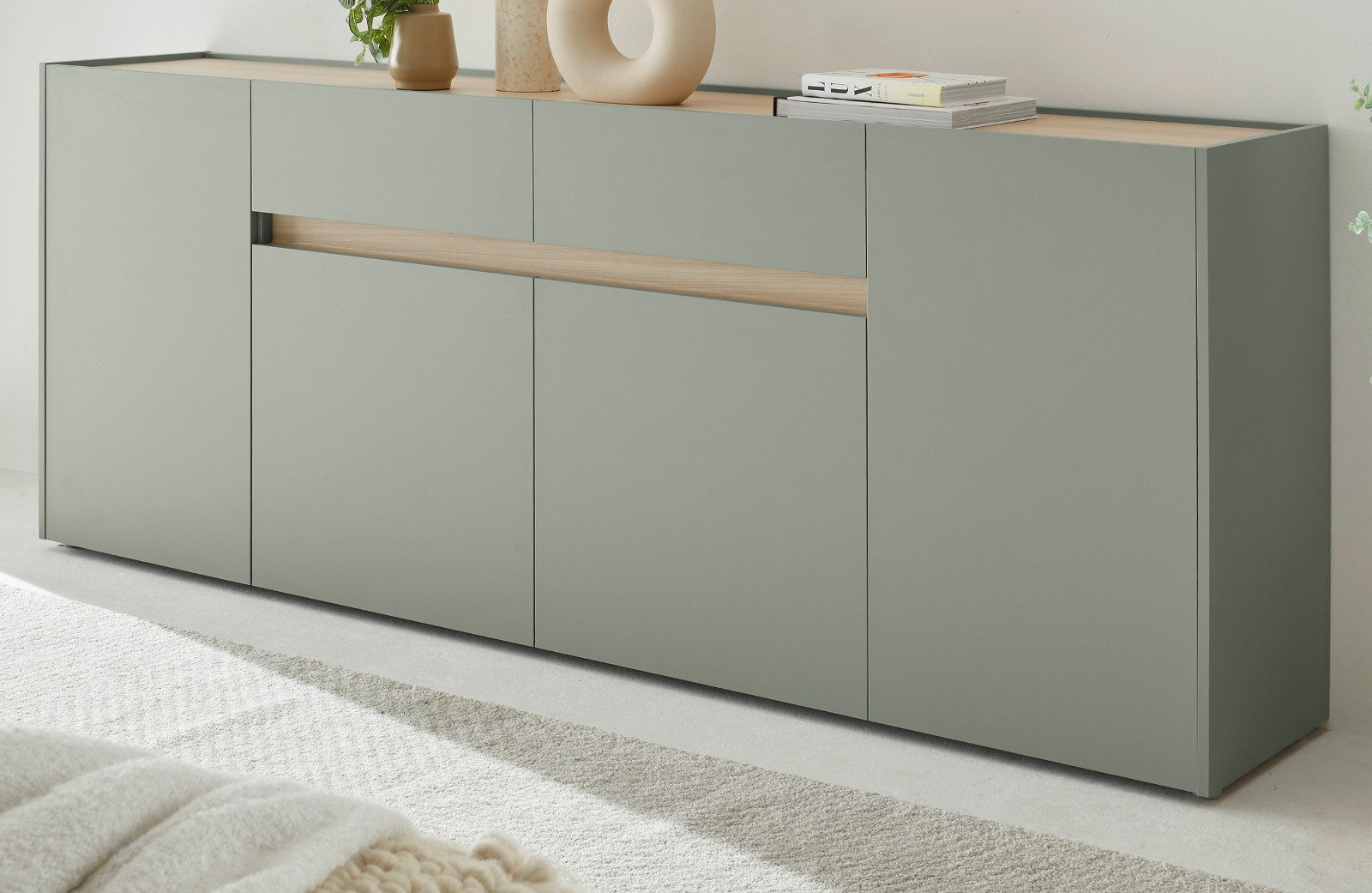 Furn.Design Sideboard Center (große Kommode in Salbei Grün mit Eiche, 4-türig, 223 x 87 cm), mit 8 Fächern und 2 Schubladen