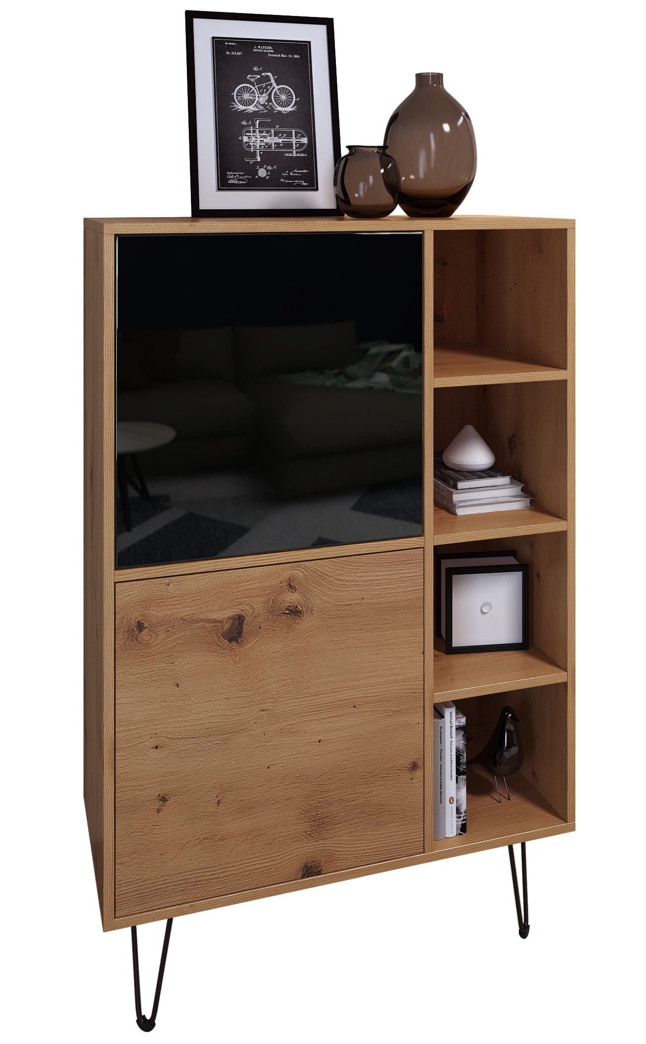 Vladon Highboard Havana V1 (Schrank mit 2 Türen und 4 offene Fächer, Kommode Made in Germany), Eiche Evoke / Schwarz Hochglanz (124 x 79 x 35 cm)