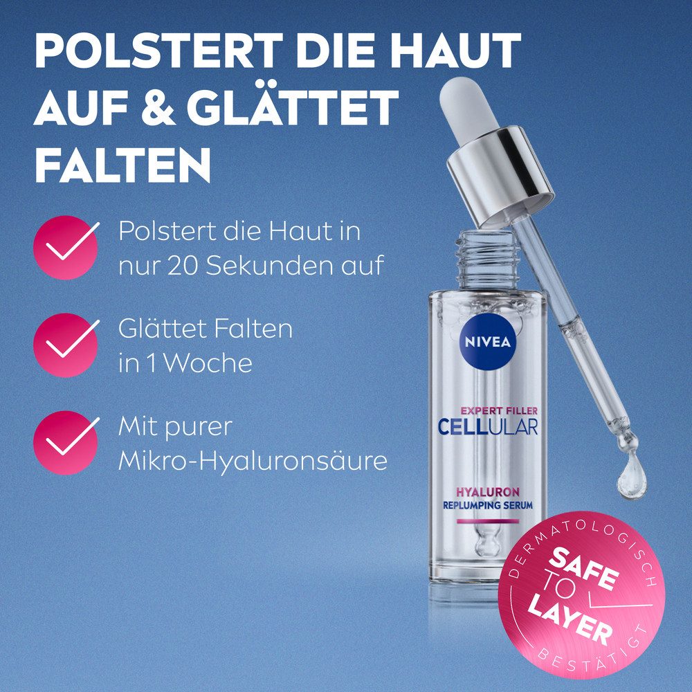 Nivea Gesichtsserum Instant Serum+ Expert Filler Hyaluron Replumping Serum + Tagespflege, 3-tlg., LUMINOUS630® Skin Glow