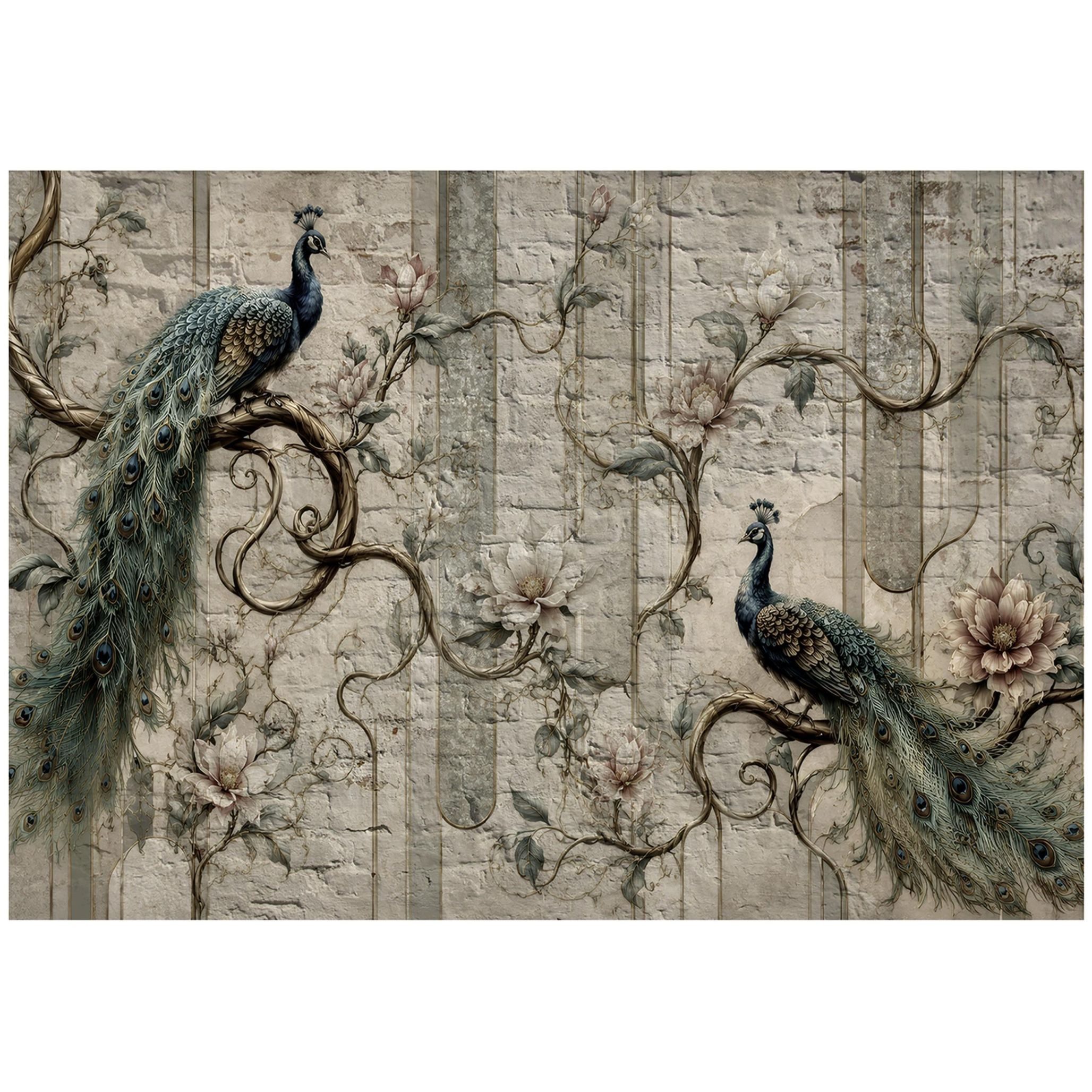 Wallarena Fototapete Pfauen und Blumen in Beige im Vintage-Stil aus Vinyl für Wohnzimmer, glatt, floral, 3D-Optik, (2 St), Motivtapete für Schlafzimmer 254x184cm