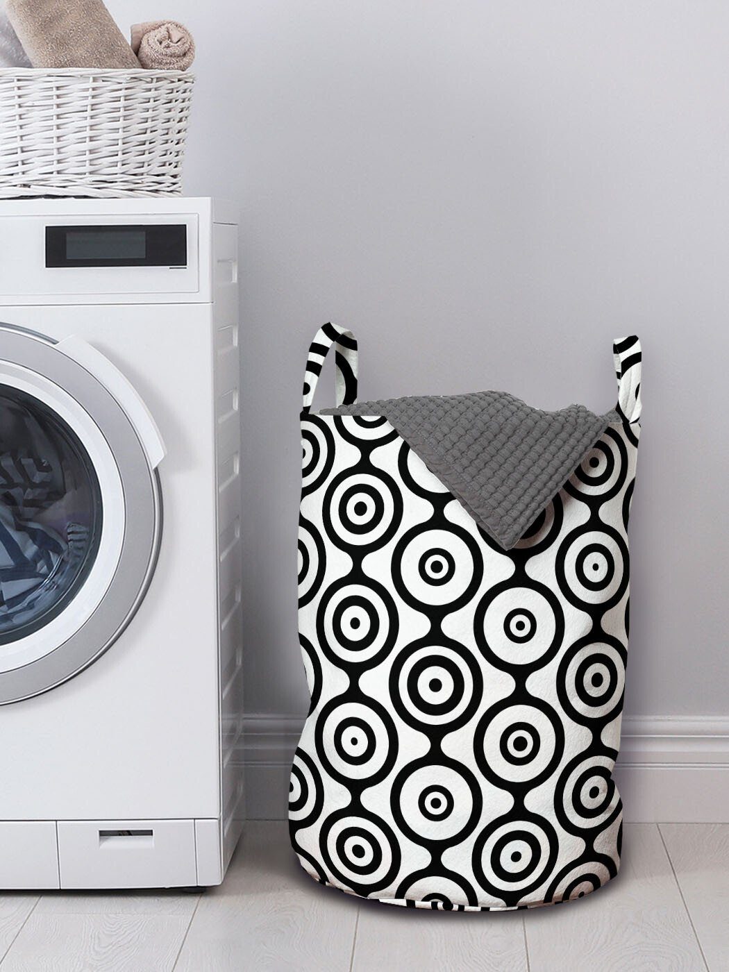 Waschsalons, Spiral Kordelzugverschluss mit Griffen Wäschesäckchen Kunst Geometrische Szene Wäschekorb für Abstrakte Abakuhaus