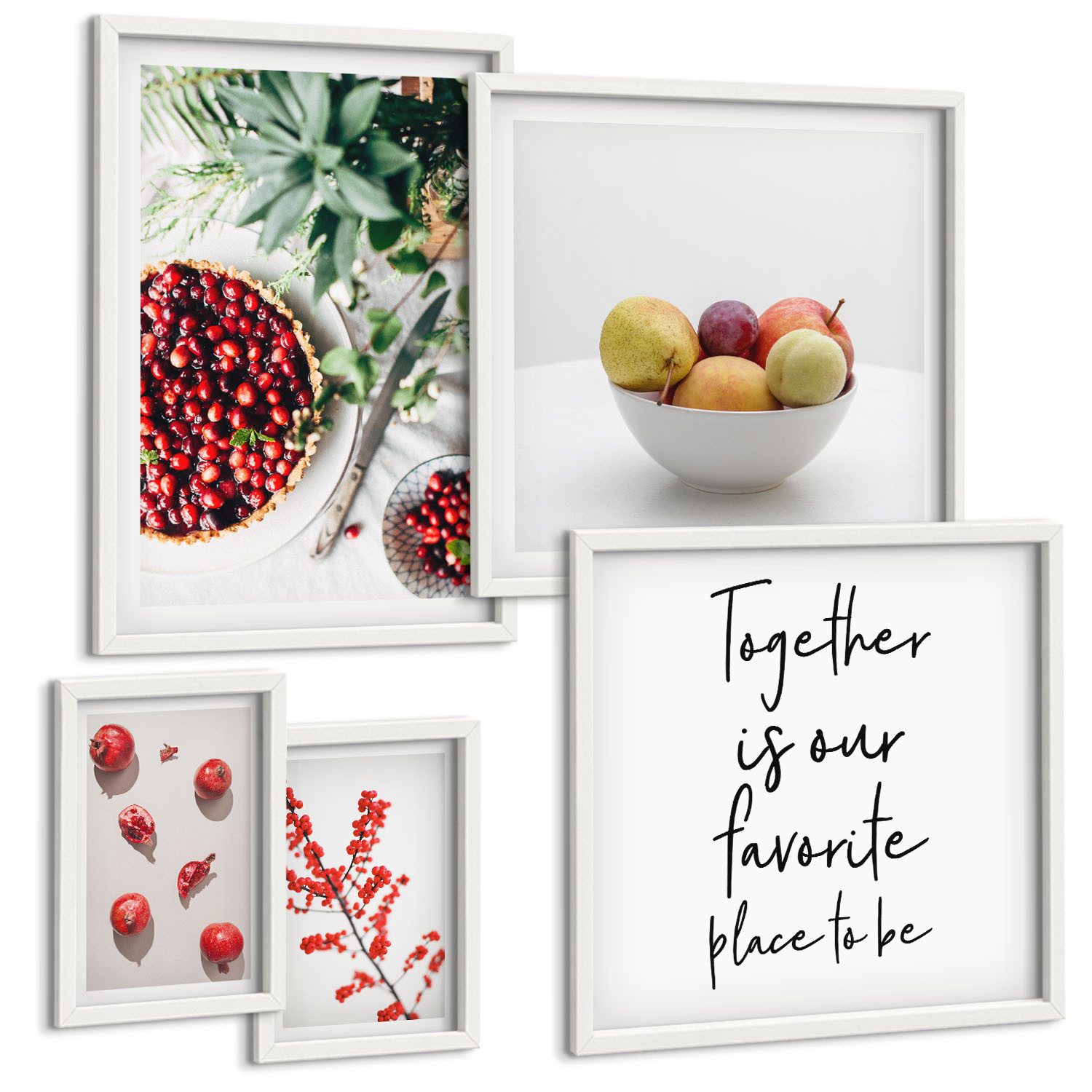 Tulup Mehrteilige Bilder Fruchtkompositionen mit Pflanzenmotiven im 5er-Bilder-Set, Frucht- und Pflanzenkompositionen, Rot