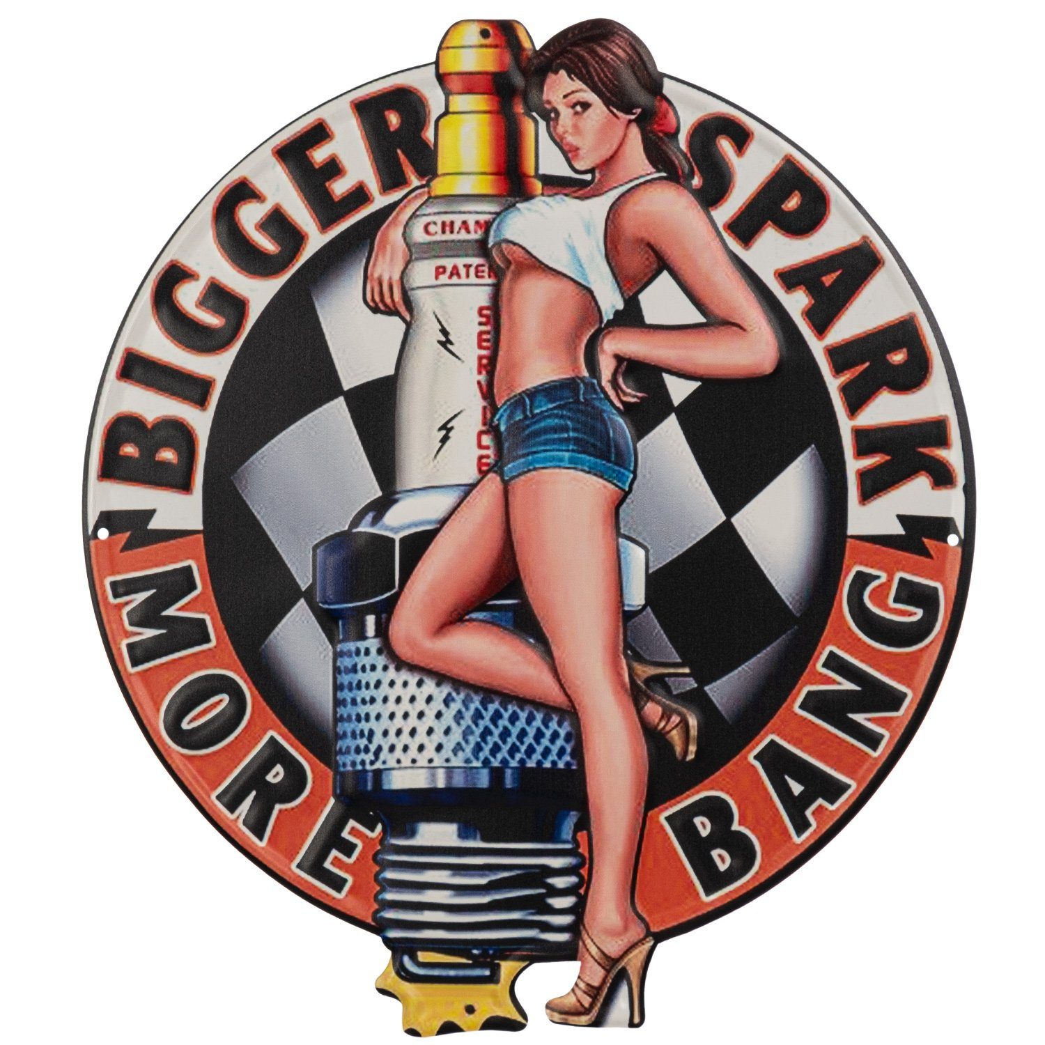 Moritz Metallschild Zündkerze Pin Up Frau Rennen Auto Motor, (Einzeln), 20 x 25cm Vintage Retro Deko Schild Metallschild Wandbild Schild