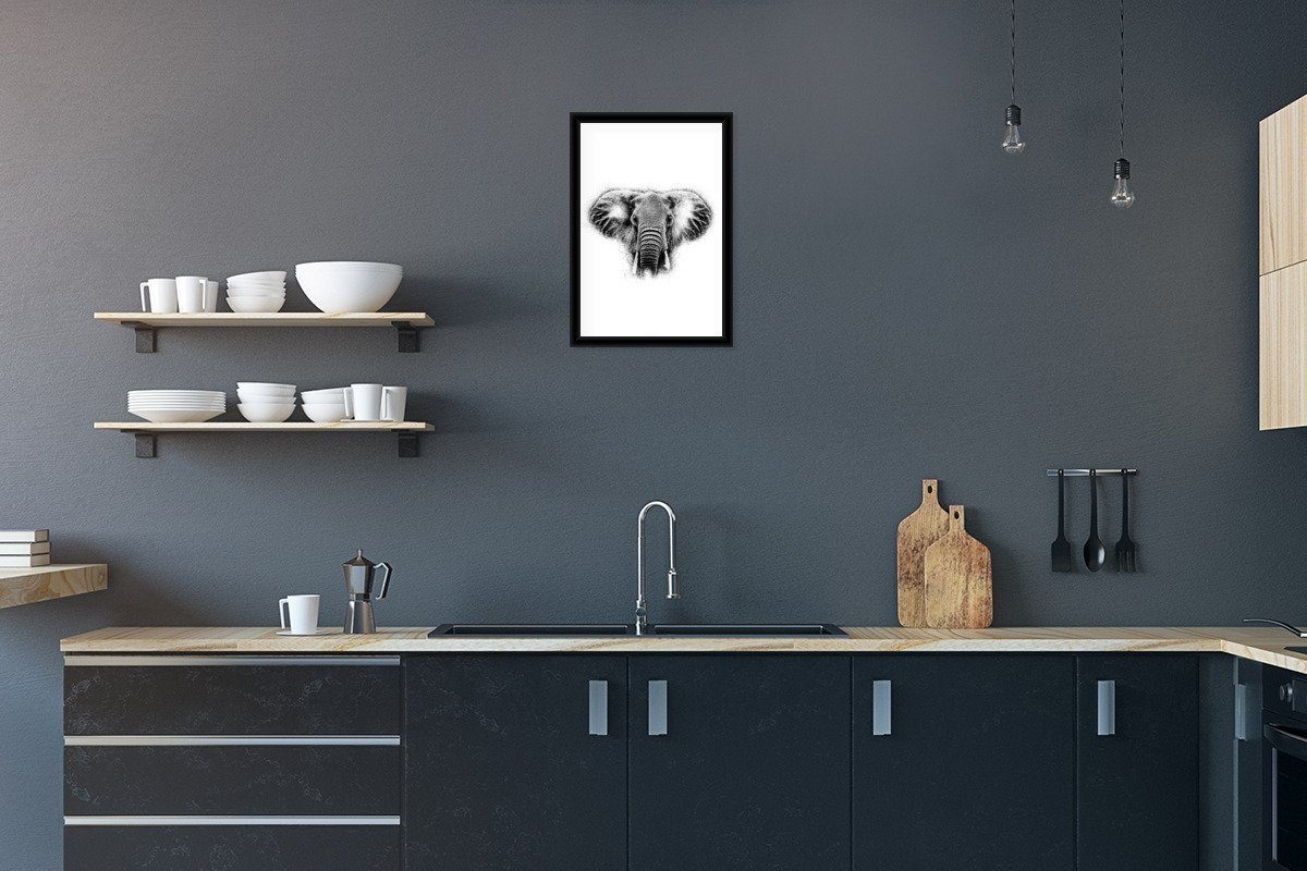 MuchoWow Poster Elefant - Schwarz - Weiß - Tasse, (1 St), Gerahmtes Poster, Wanddeko, Bilder, Wandposter, Schwarzem Bilderrahmen