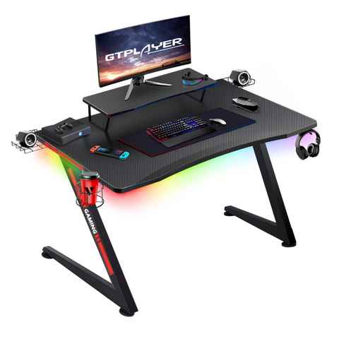 GTPLAYER Gamingtisch Schreibtisch Gaming Computertisch mit Monitorständer und RGB (Packung, 1 Tisch), Getränkehalter Kopfhörer Hake 120cm Computertisch PC Tisch