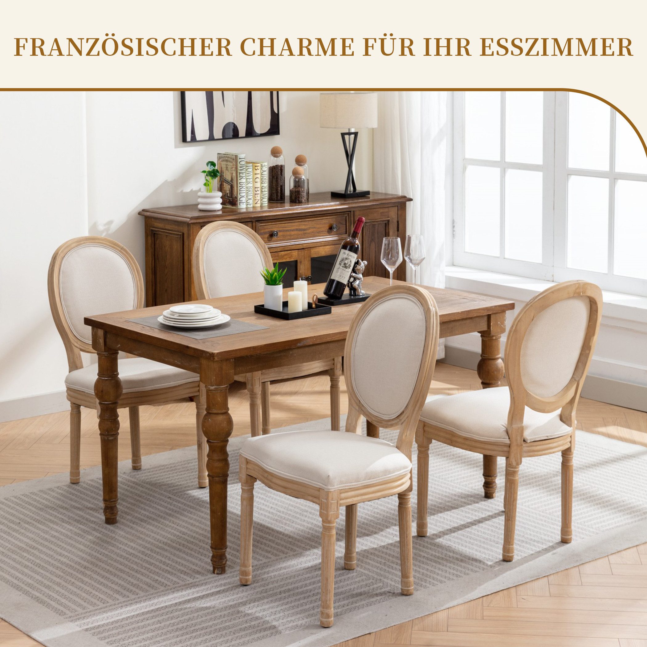 SeedWave Esszimmerstuhl 2er Set Küchenstuhl aus Massivholz-Gestell, mit Ovaler Rückenlehne, Polsterstuhl inkl. Leinenbezug Sitzfläche
