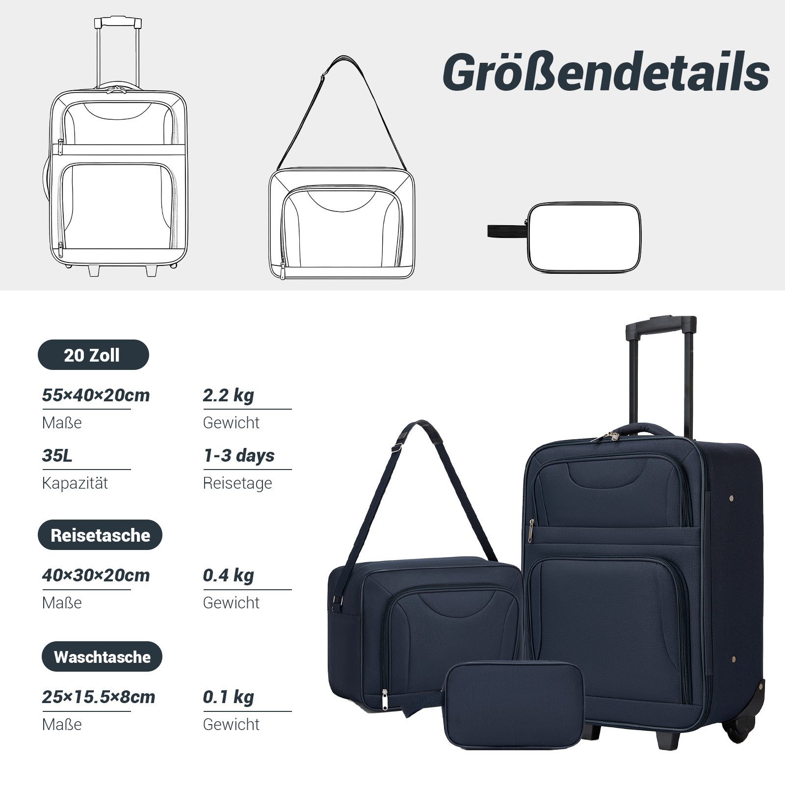 KONO Kofferset 3-teilig: 20 Zoll Handgepäck + Kabinen-Schultertasche + Kulturbeutel, (3 tlg)