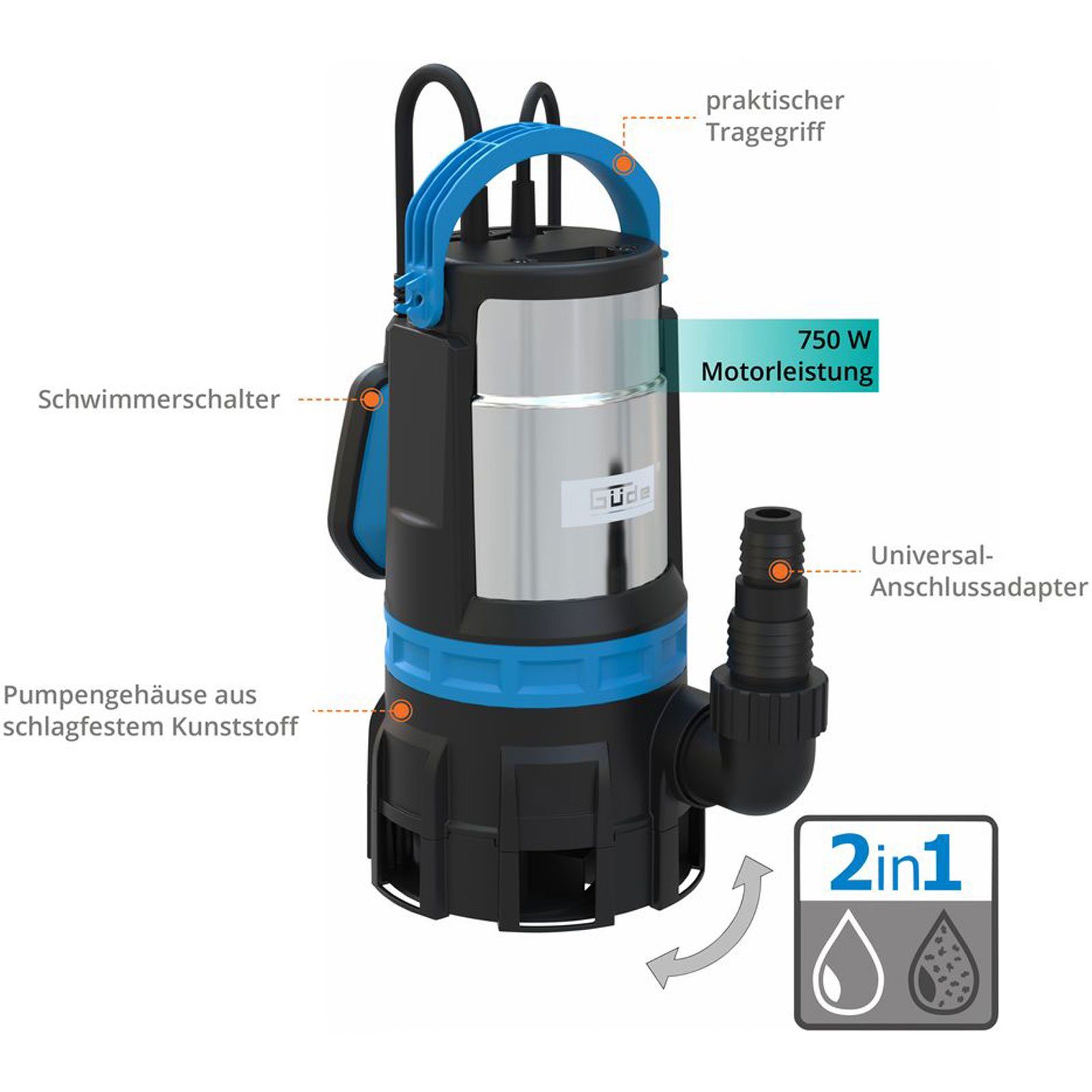 Güde Schmutzwasserpumpe Kaltwasserpumpe Tauchpumpe GS 750.1 Kombitauchpumpe 2in1 750W 9m