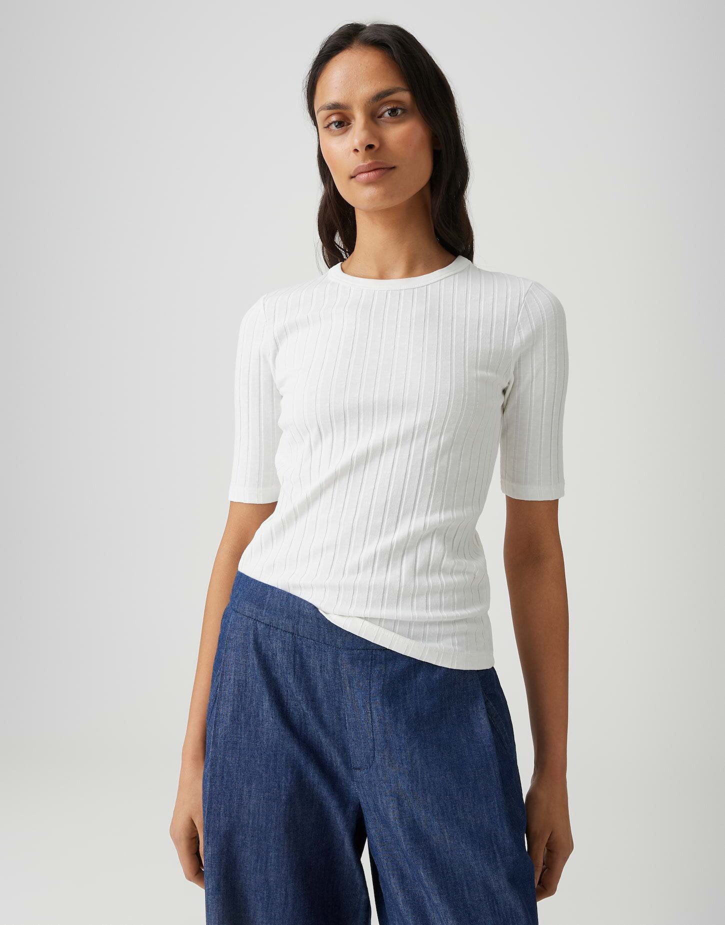 OPUS Kurzarmshirt Basic Rippshirt aus Baumwoll Mix Schmale Passform, Pull-on, elastischer Stoff