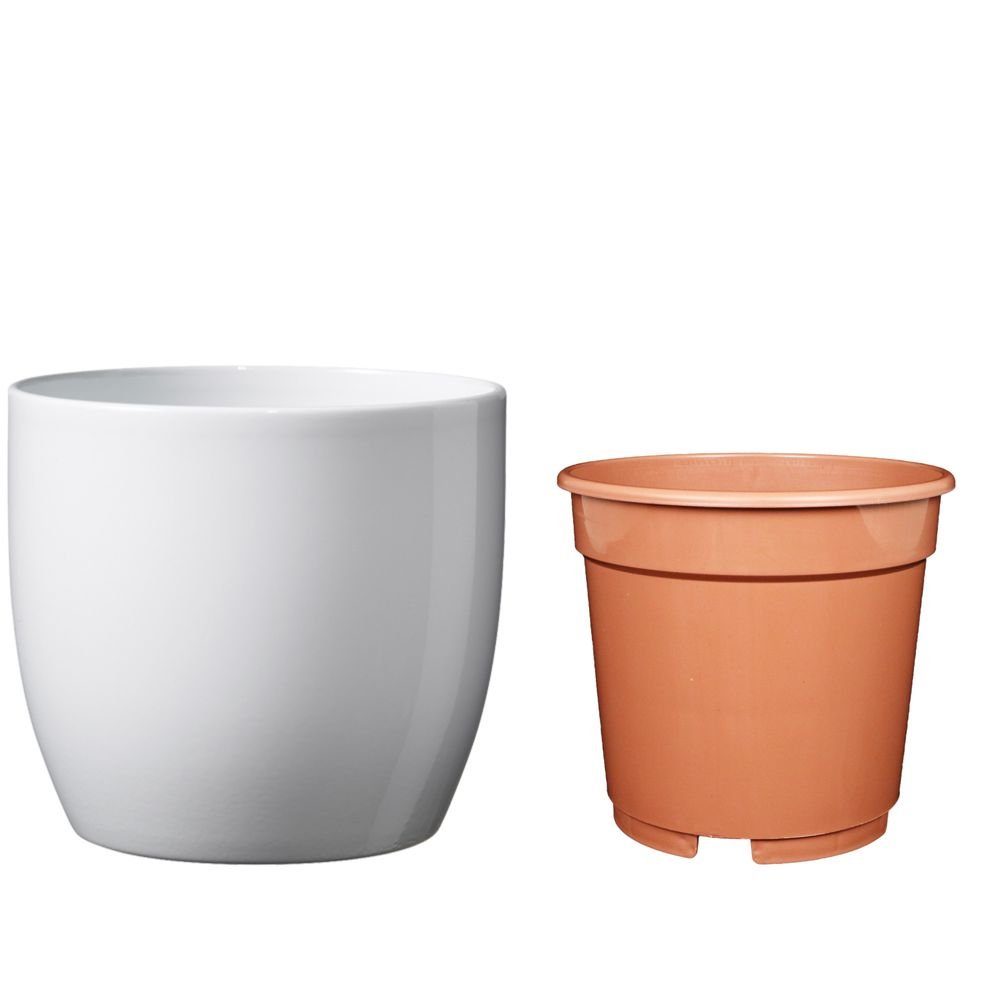 Heimwerkercenter Übertopf Set - Keramikübertopf Basel ø10 cm, weiss glänzend + Kulturtopf ø8