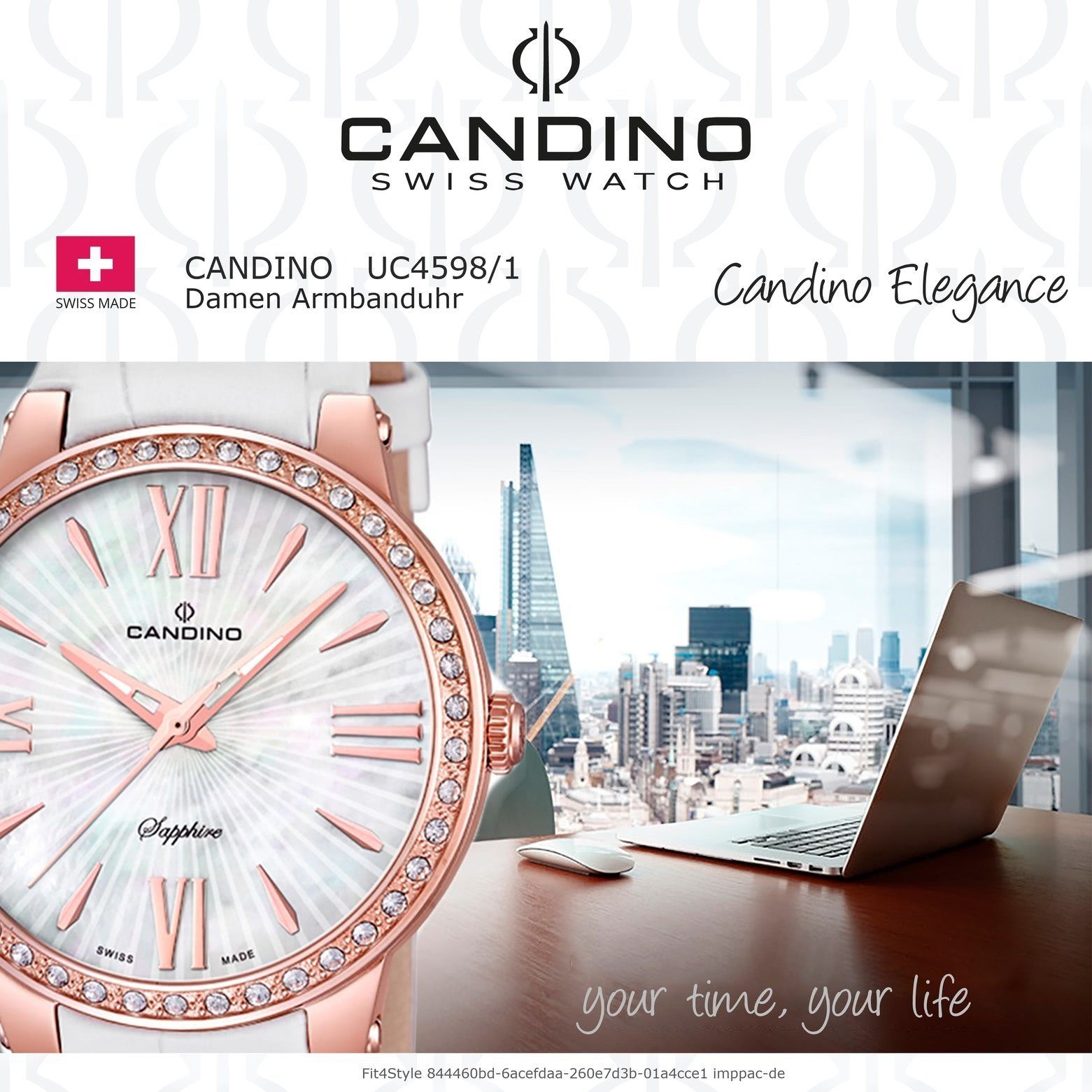 Damen Uhren Candino Quarzuhr UC4598/1 Candino Damen Quarzuhr Analog C4598/1, Damen Armbanduhr rund, Lederarmband weiß, Fashion