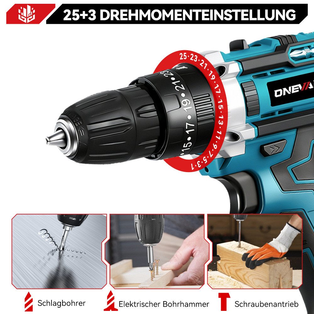 ONEVAN Akku-Bohrschrauber Akkuschrauber 21V Bohrschrauber Set, 25+1 Drehmomentstufen Akkubohrer, max. 1550 U/min, mit 2x Akkus 10mm Bohrfutter 24 Zubehör Tragetasche